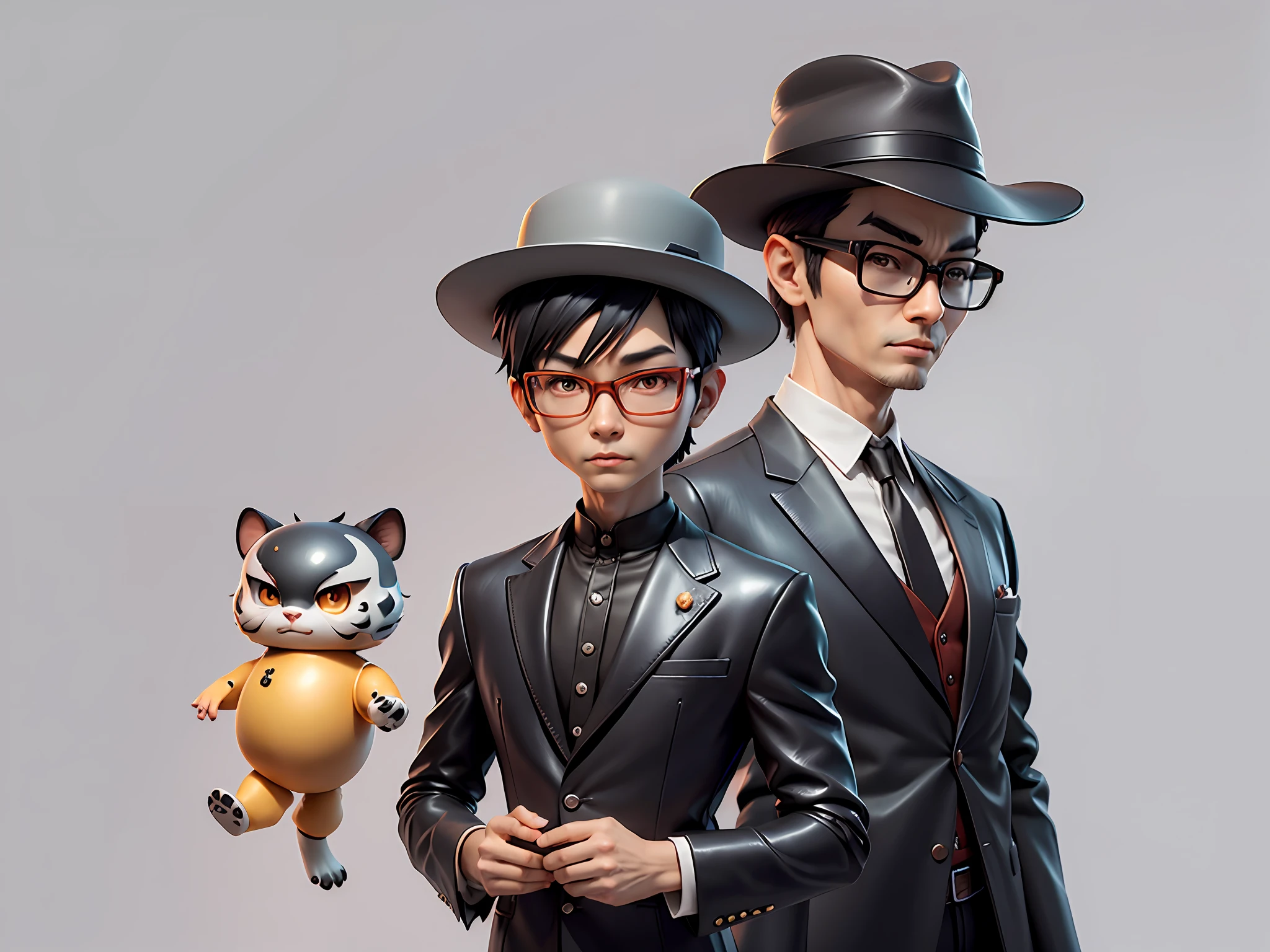 Young man with oriental face in leather hat, tiger, oriental face in formal suit, short black hair, silver glasses, digital painting, 3D character design by Mark Clairedon and Pixar and Hayao Miyazaki and Akira Toriyama, the illustration is a high-definition illustration in 4K resolution with very detailed facial features and cartoon-style visuals.