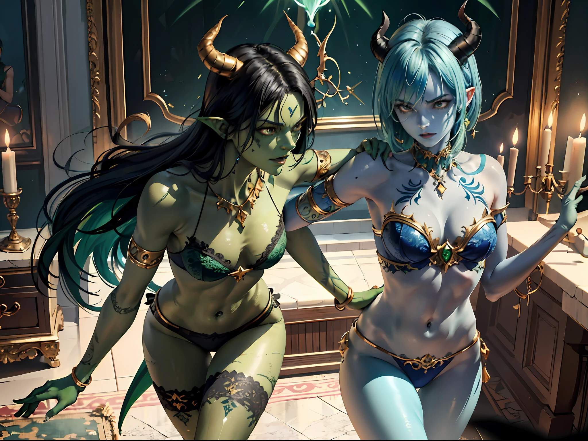 (masterpiece: 1.2, best quality), 2 girls(green skin, blue skin), black hair,huge breasts, anger, closed mouth, tattoo, (Dynamic posture), (bright skin, dark green skin), demon girl, green skin, blue skin, thin and lacy gloves, (small demonic horns:1.1), (heaven), fringe, (jewelry, golden ornament:1.15), large pelvis, black pantyhose