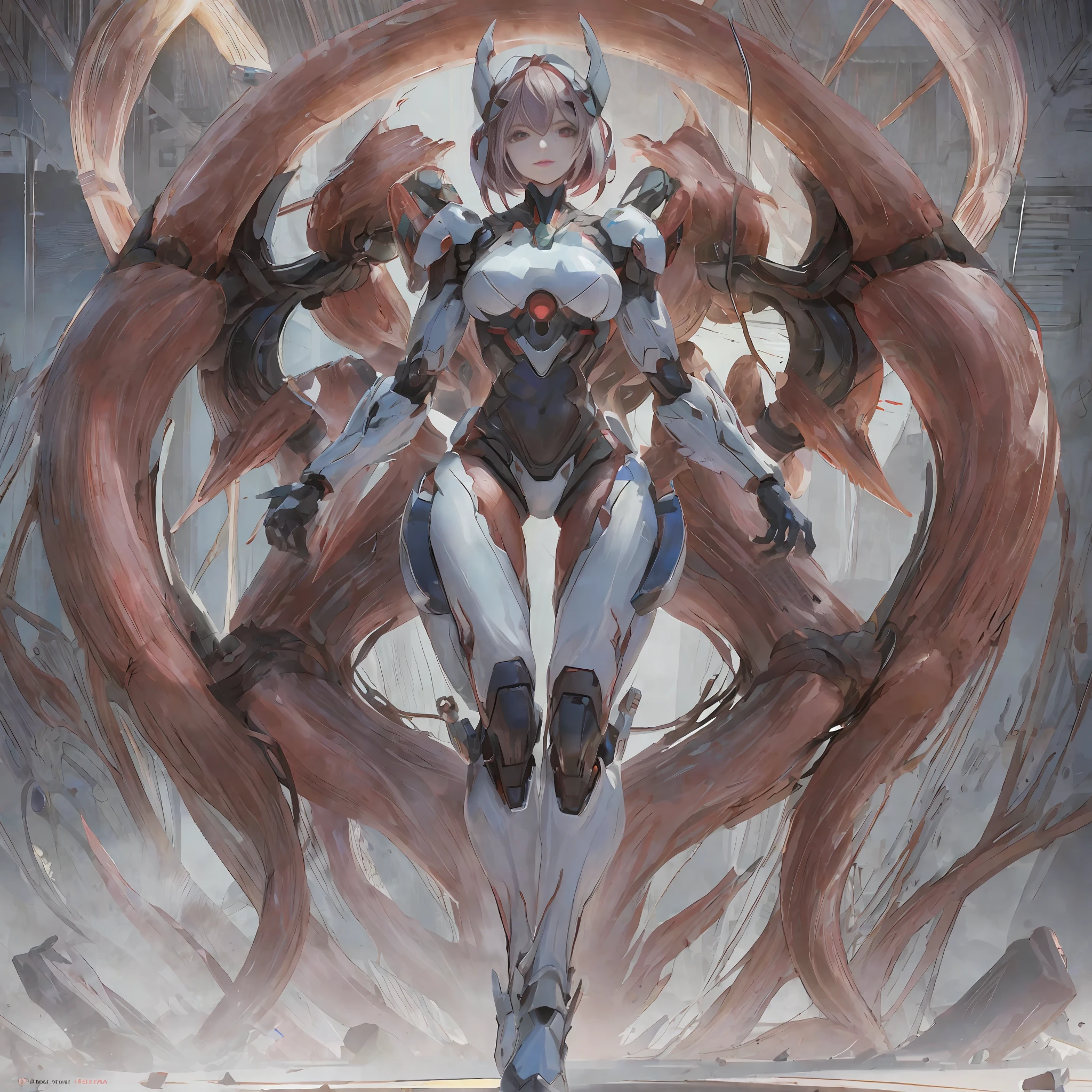 (Dark environment: 2.0) Closed room, a young woman's armor with intoxicating curves, enchanting charm, and plump chests, with a high degree of anthropomorphism, the armored body is a body with female human signs, the female human body is wearing a white one-piece rubber suit, the armor color is white, the armor surface is decorated with random symmetrical blue gemstones, the character's face is replaced with a mechanical face, the vivid mechanical face is cute, the head is wearing mechanized red and white demon horns, and the mecha is parasitized by red mechanized octopus tentacles, The mechanical tentacles and the host body are perfectly integrated, the mechanical tentacles are perfectly integrated with the host organs, the armor is randomly distributed symmetrically with obvious tentacle parasitic features, the clothes on the chest are replaced by red three-point underwear formed by the winding of mechanical tentacles, the white chest that exposes human signs, the clothes of the butt are replaced by red thongs formed by the winding of mechanical tentacles, the white lower abdomen that exposes human signs, there are no extra tentacles around the character, the armor stands to show his body, only one armor is rendered, and there is no other armor in the picture, Healthy, well-proportioned, natural, properly proportioned, dynamic posture, human anatomy, correct proportions, smooth lines, two healthy arms, two well-proportioned legs, flexible fingers, stable gait, appropriate limb length, uniform muscle development, coordinated movements, correct range of motion for arms and leg joints, stable back, even leg spacing, balanced upper body posture, natural separation of legs, relaxed hip muscles, coordinated contraction of leg muscles, healthy and flexible hands, balanced and robust legs, Suitable and comfortable high heels, good foot posture, ergonomic hand design, stable support of the feet, feet wearing mechanized high heels, suitable shoe size, sensitive finger joint