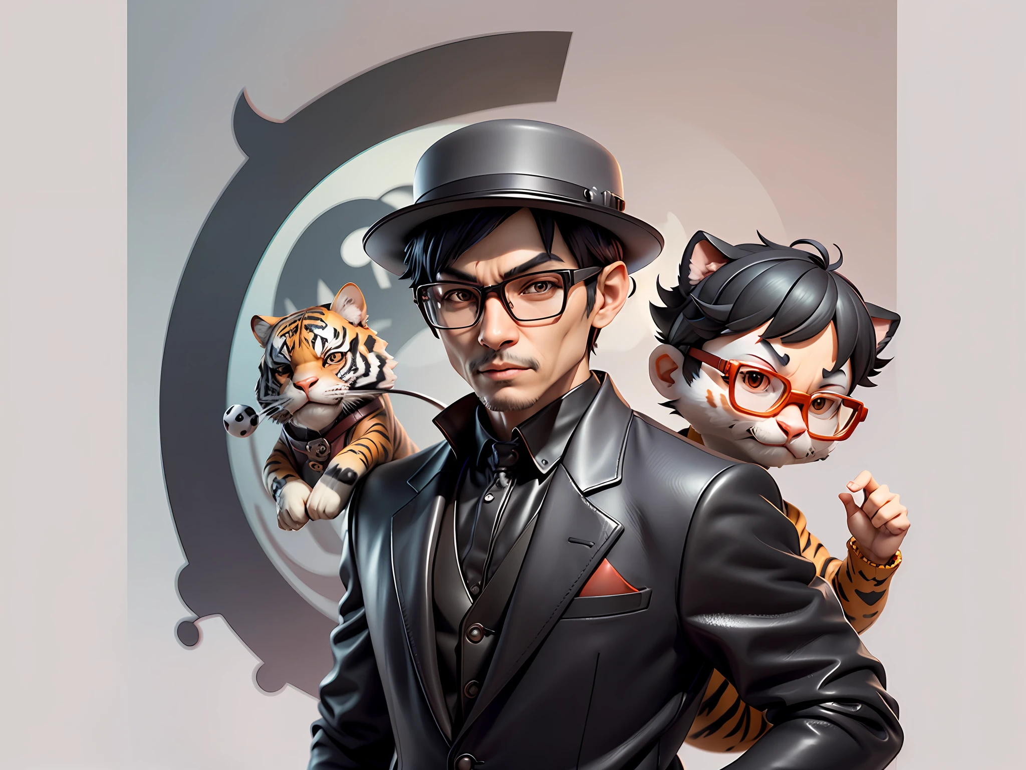 Young man with oriental face in leather hat, tiger, oriental face in formal suit, short black hair, silver glasses, digital painting, 3D character design by Mark Clairedon and Pixar and Hayao Miyazaki and Akira Toriyama, the illustration is a high-definition illustration in 4K resolution with very detailed facial features and cartoon-style visuals.