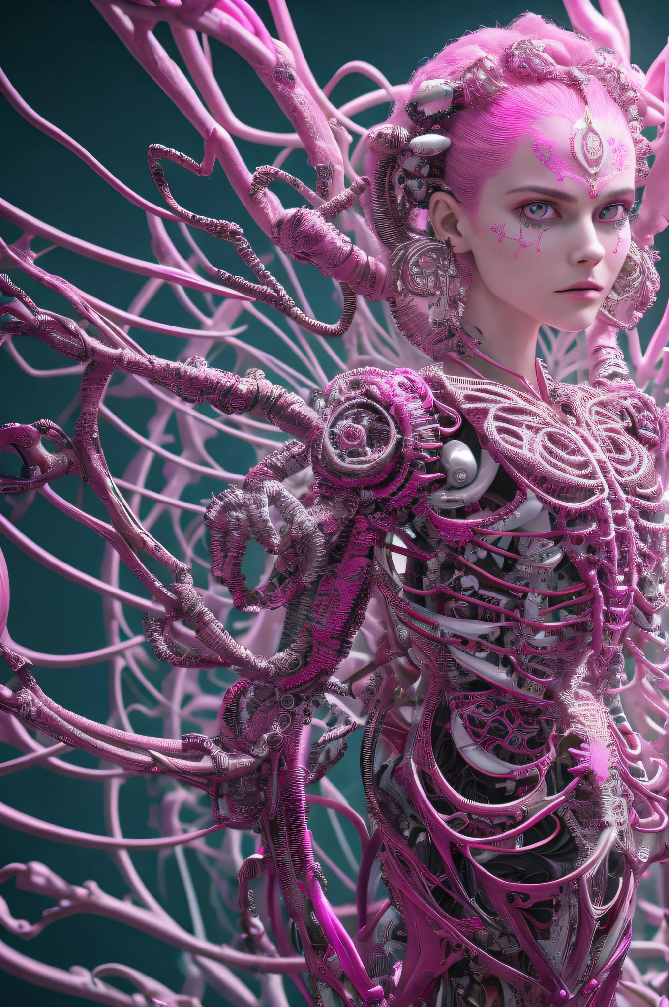 complex 3d render ultra detailed beautiful death demon, biomechanical cyborg, analog 150 mm lens, beautiful natural soft rim light, neon vein, roots, fine foliage lace, colorful details, Boris Bidjan Saberi outfit, pearl earrings, piercing, art nouveau fashion embroidered, intricate details, mesh wire, mandelbrot fractal, facial muscles, cable wires, microchip, badass, hyper realistic, ultra detailed, octane render, volumetric lighting, 8k post-production, pink and white with a bit of black, detailled metalic bones, semi human, iridescent colors, Glenn Brown style, futuristic room, power of the god, high-angle shot, complex body poses