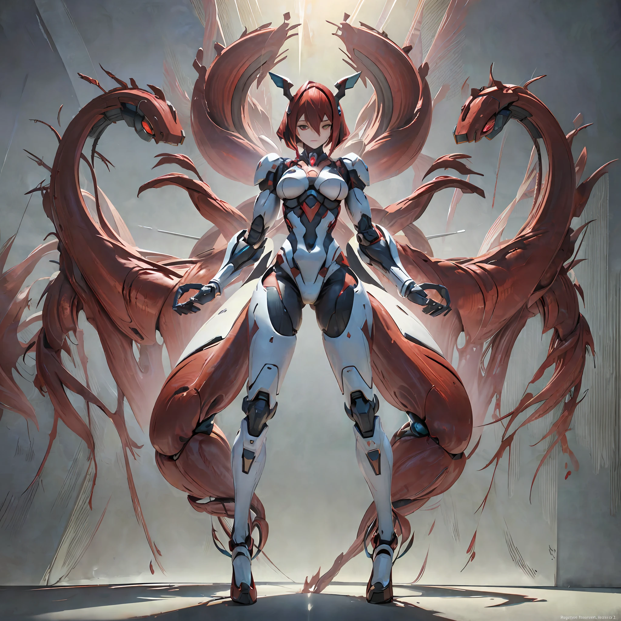 (Dark environment: 2.0) Closed room, a young woman's armor with intoxicating curves, enchanting charm, and plump chests, with a high degree of anthropomorphism, the armored body is a body with female human signs, the female human body is wearing a white one-piece rubber suit, the armor color is white, the armor surface is decorated with random symmetrical blue gemstones, the character's face is replaced with a mechanical face, the vivid mechanical face is cute, the head is wearing mechanized red and white demon horns, and the mecha is parasitized by red mechanized octopus tentacles, The mechanical tentacles and the host body are perfectly integrated, the mechanical tentacles are perfectly integrated with the host organs, the armor is randomly distributed symmetrically with obvious tentacle parasitic features, the clothes on the chest are replaced by red three-point underwear formed by the winding of mechanical tentacles, the white chest that exposes human signs, the clothes of the butt are replaced by red thongs formed by the winding of mechanical tentacles, the white lower abdomen that exposes human signs, there are no extra tentacles around the character, the armor stands to show his body, only one armor is rendered, and there is no other armor in the picture, Healthy, well-proportioned, natural, properly proportioned, dynamic posture, human anatomy, correct proportions, smooth lines, two healthy arms, two well-proportioned legs, flexible fingers, stable gait, appropriate limb length, uniform muscle development, coordinated movements, correct range of motion for arms and leg joints, stable back, even leg spacing, balanced upper body posture, natural separation of legs, relaxed hip muscles, coordinated contraction of leg muscles, healthy and flexible hands, balanced and robust legs, Suitable and comfortable high heels, good foot posture, ergonomic hand design, stable support of the feet, feet wearing mechanized high heels, suitable shoe size, sensitive finger joint