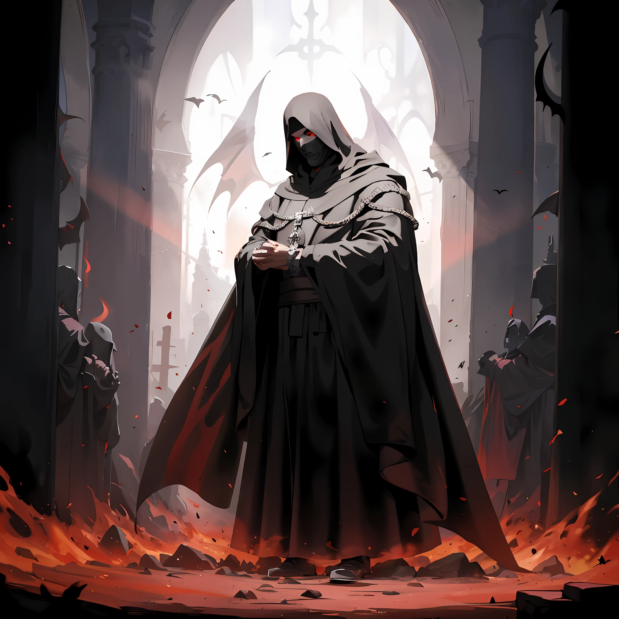 In the European Middle Ages, a monk in a black magic cloak, with his head bowed, his face in sight, his eyes glowing red, bowed to the statue of the devil, surrounded by evil and eerie. Full body character portrait, game illustration style