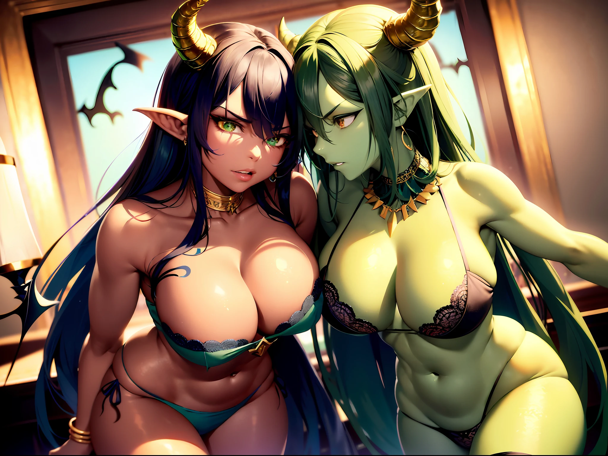 (masterpiece: 1.2, best quality), 2 girls(green skin, blue skin), black hair,huge breasts, anger, closed mouth, tattoo, (Dynamic posture), (bright skin, dark green skin), demon girl, green skin, blue skin, thin and lacy gloves, (small demonic horns:1.1), (heaven), fringe, (jewelry, golden ornament:1.15), large pelvis, black pantyhose