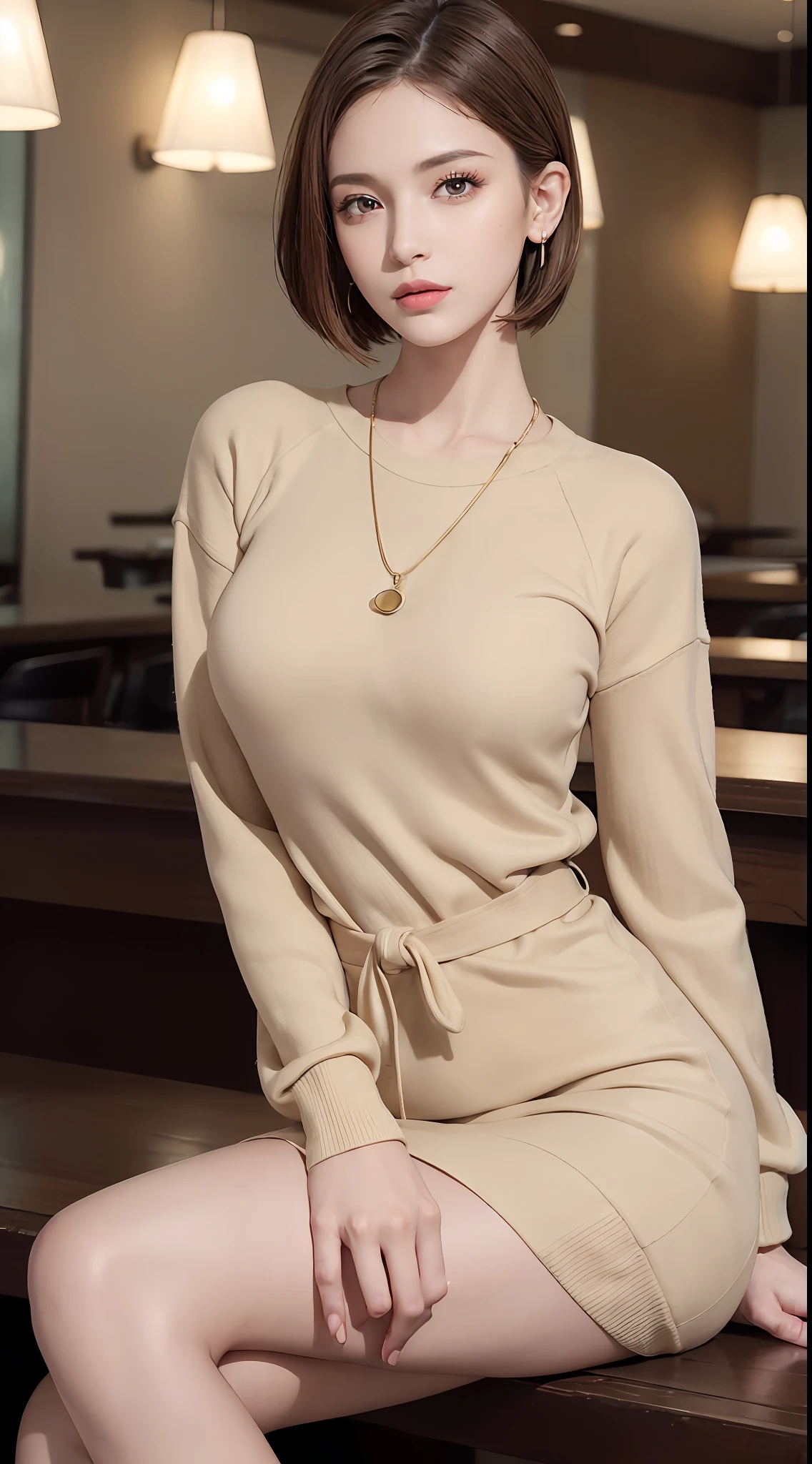 (RAW photo, high resolution, best quality, masterpiece:1.3), (realistic detailed, hyperrealistic, photorealistic: 1.2), shot by Canon EOS R6, Sharp focus, f/1.8, mid shot, upper body shot, 1girl, very delicate and beautiful, beautiful detailed girl, very detailed eyes and face, triangular face, beautiful detailed eyes, (slender figure, thin waist), ((beige sweater dress)), stylish pendant, earrings, natural makeup, pink shiny lips, swept side stylish short hair, perfect style, (low light, sitting in café), cg, ultra-realistic, highest quality, super detailed