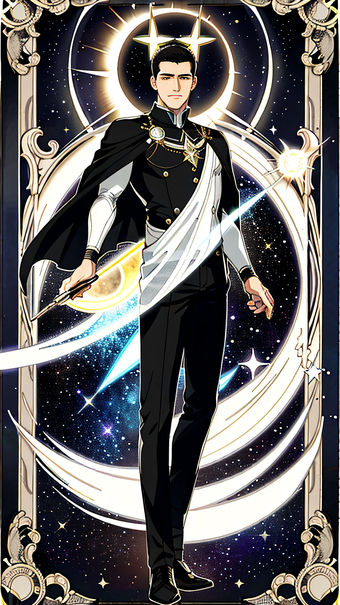 masterpiece, best quality, full body, card, 1 man, eclipse, space, galaxy, short hair, black hair, brush cut, standing, black and white, sun, moon, white, buzz cut, bara, muscle, god, divine, cape, halo, center, best pose, etherious, crystal,man, power, magic, hand using magic