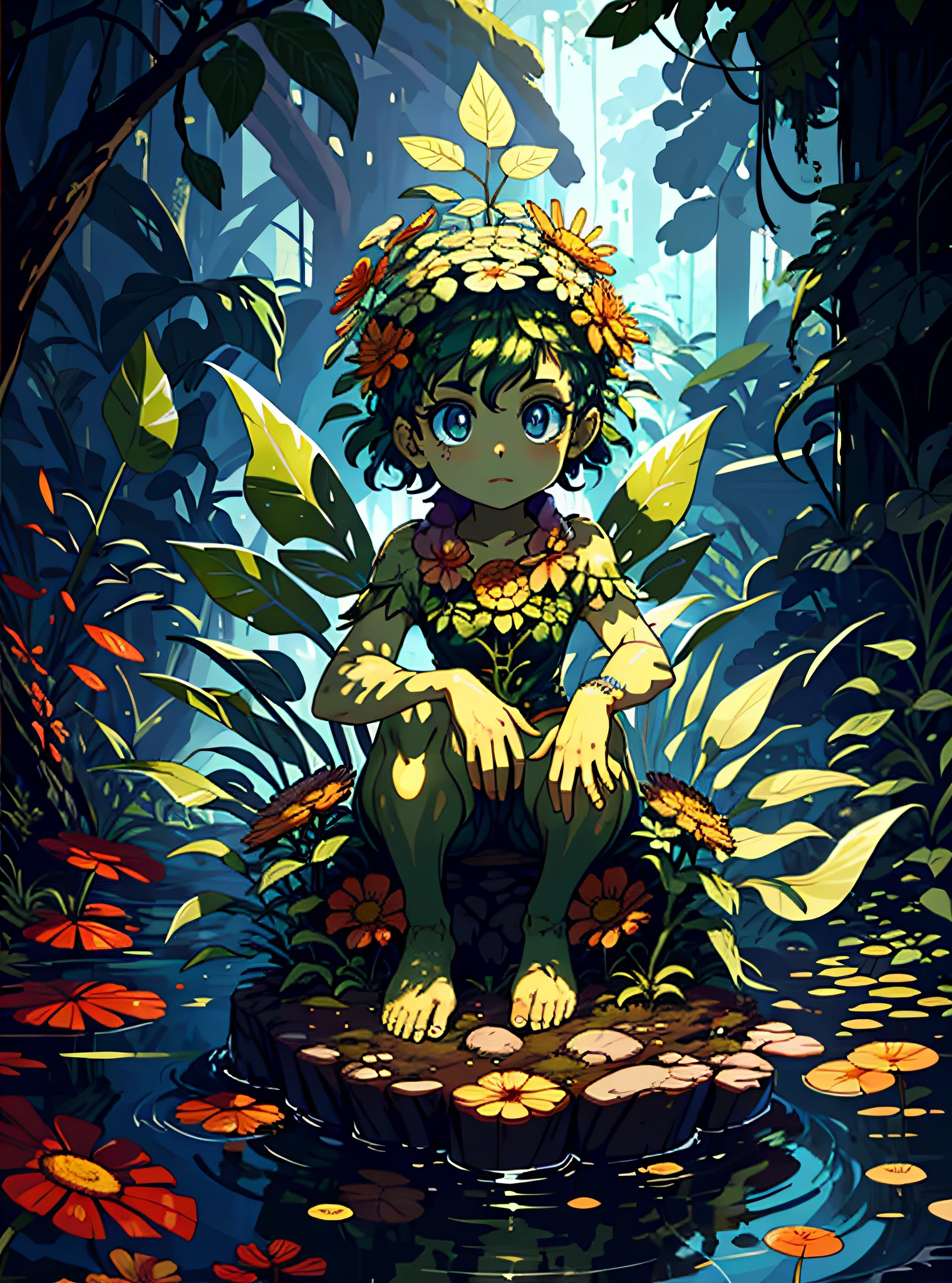 (1humanoid), character focus, (a  circular  natural pond), (detailed flowers in foreground), mushrooms in background, detailed, abusrdres, 8k, wilderness,  , Detailed eyes, angry expression, zerg,  spikey hair, predator, purple skin, detailed eyes, detailed wings, dripping, green pustules, fungus, infection, (exposed brain) , Crab:1.4)