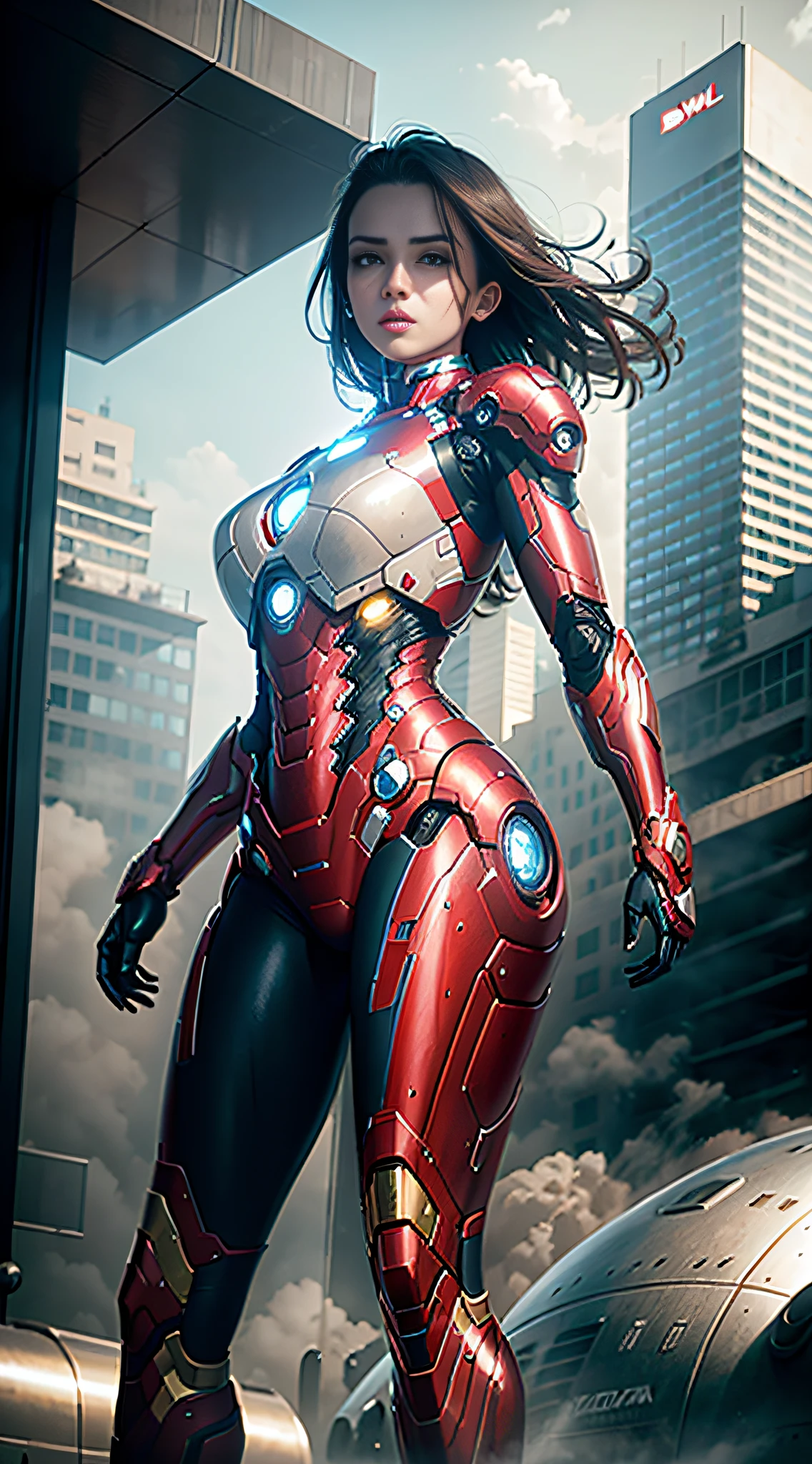 RAW, masterpiece, ultra thin photo, best quality, ultra high resolution, photorealistic, sunlight, full body portrait, incredibly beautiful, dynamic poses, delicate face, vibrant eyes, (side view), she is using a futuristic Iron Man engine, red and gold color scheme, highly detailed robot factory background, detailed face, detailed and complex busy background, messy, gorgeous, milky white, highly detailed skin, realistic skin details, visible pores, sharp focus, volumetric mist, 8k uhd, dslr camera, high quality, film grain, light skin, photorealism, lomography, expanding metropolis in futuristic dystopia, view from below, translucent