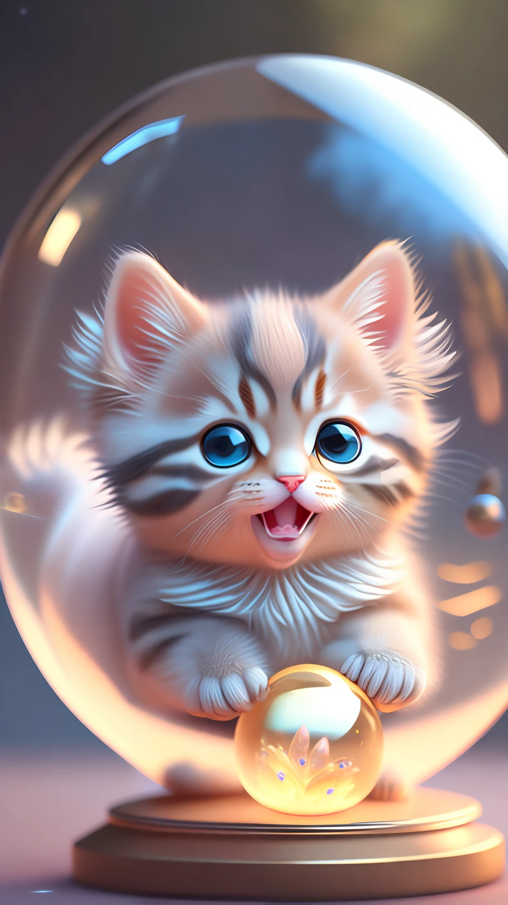 A cute kitten, made of a crystal ball, open mouth, laugh, Morandi color system, highly detailed complex concept art trend with low-poly eyes artstation 8k, laughing !!