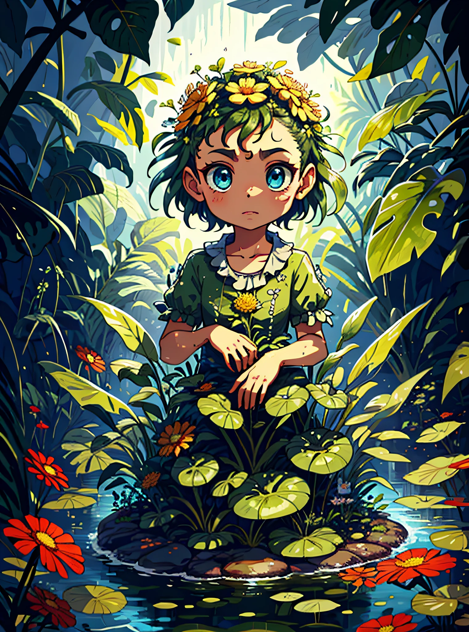 (1humanoid), character focus, (a circular natural pond), (detailed flowers in foreground), mushrooms in background, detailed, abusrdres, 8k, wilderness, , Detailed eyes, angry expression, zerg, spikey hair, predator, purple skin, detailed eyes, detailed wings, dripping, green pustules, fungus, infection, (exposed brain) , Crab:1.4)
