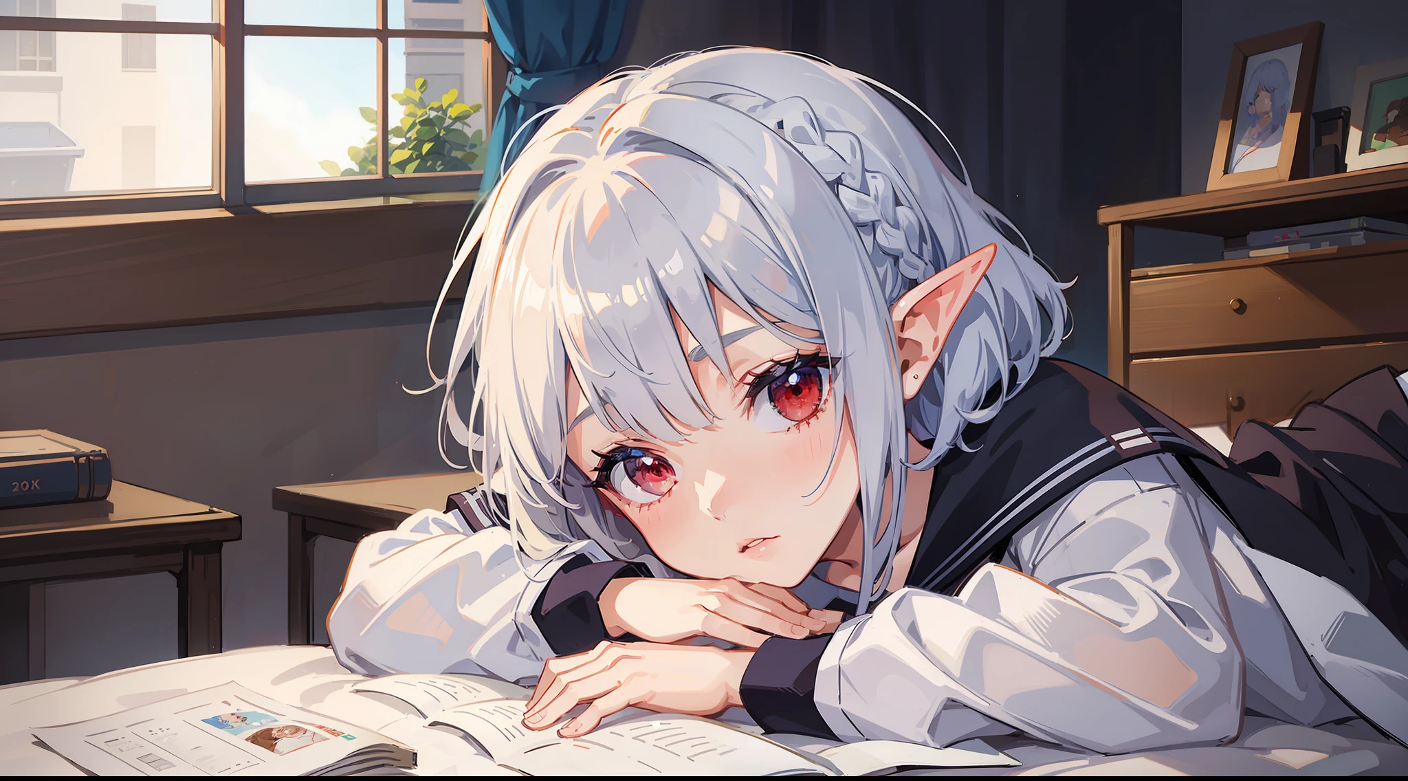 1 girl, elf, silver hair, red eyes, bob cut, braid, on bed, sleeping, school uniform, sailor suit, concept art, beautiful anime scene, beautiful anime scenery, top rating on pixiv, highest quality, 4K