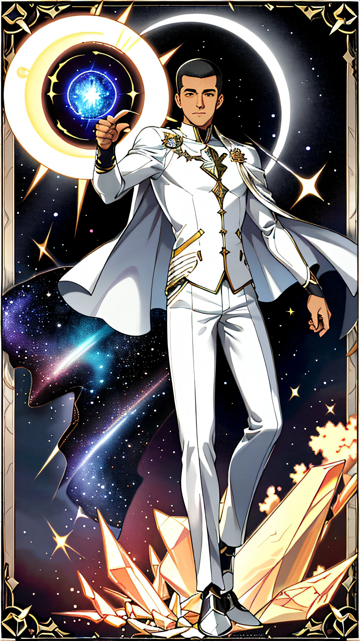 masterpiece, best quality, full body, card, 1 man, eclipse, space, galaxy, short hair, black hair,  brush cut, standing, black and white, sun, moon, white,  buzz cut, bara, muscle, god, divine, cape, halo, center, best pose, etherious, crystal,man, power, magic, hand using magic