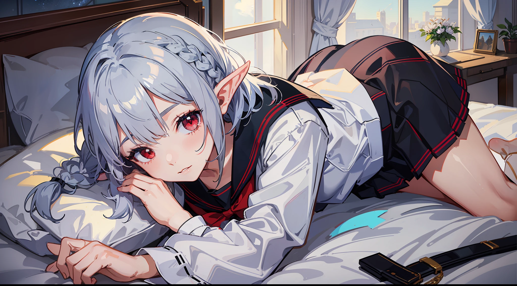 1 girl, elf, silver hair, red eyes, bob cut, braid, on bed, sleeping, school uniform, sailor suit, concept art, beautiful anime scene, beautiful anime scenery, top rating on pixiv, highest quality, 4K