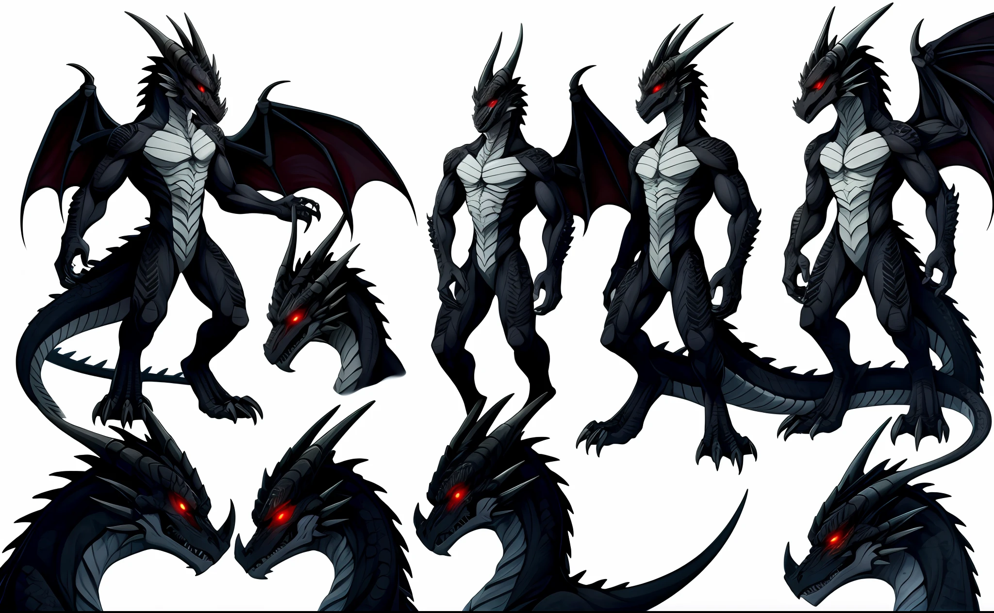 Ref sheet style. Dragon. Black scales. Wings. Grey underbelly. Four red, glowing eyes. Eyes are arranged in columns. One row of eyes on bottom, one row of eyes on top. Top row of eyes has white pupils. Slender. Powerful looking. Simple white background. Cel shaded. Simple art style.