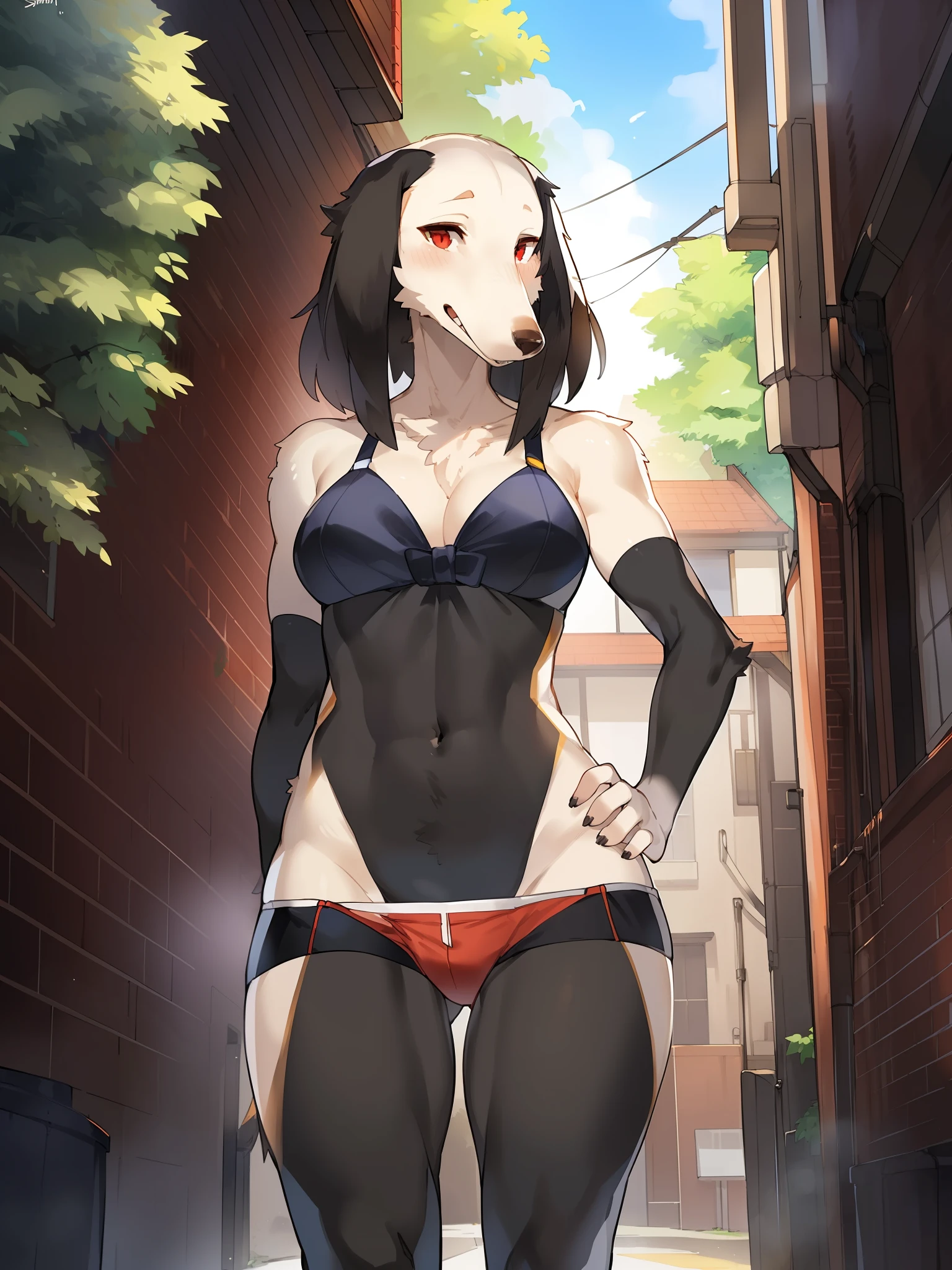 Solo, female, canine, hair, detailed eyes, (((snout, long snout, thin snout, borzoi, sighthound))), black fur, red eyes, short hair, black hair, teeth, facing viewer, standing, fluffy, thin, slim, tall, underwear, alleyway, plants, by buta99, by bebebebebe, black body, by suurin 2, by pgm300, by kishibe, by sindoll, by lvlirror,