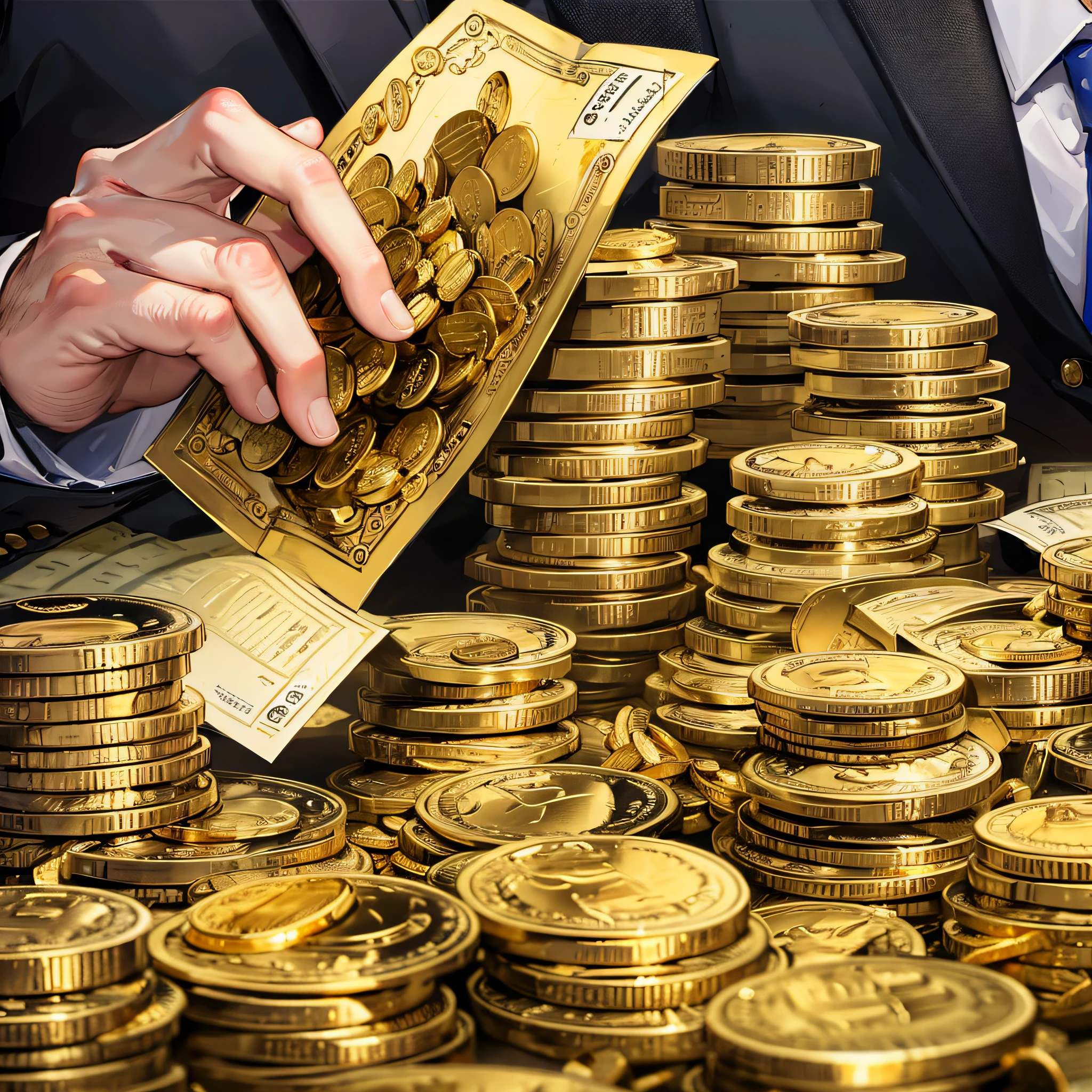 A man is surrounded by a pile of gold, gold coins and some cash