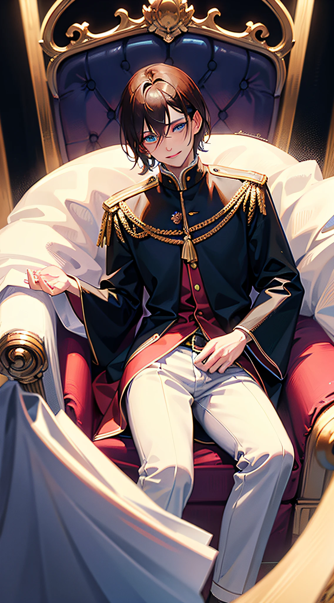 masterpiece, best quality, super detail, illustration (1 male), brown hair with one of white lock hair, detailed blue eyes, prince's crown, sitting on a throne, background with red curtains of a castle, prince's clothing, right hand resting on the arm of the throne and closed fists, cheek resting on the closed fist, left hand on the thigh, smile from the corner of the lips,  defined jaw