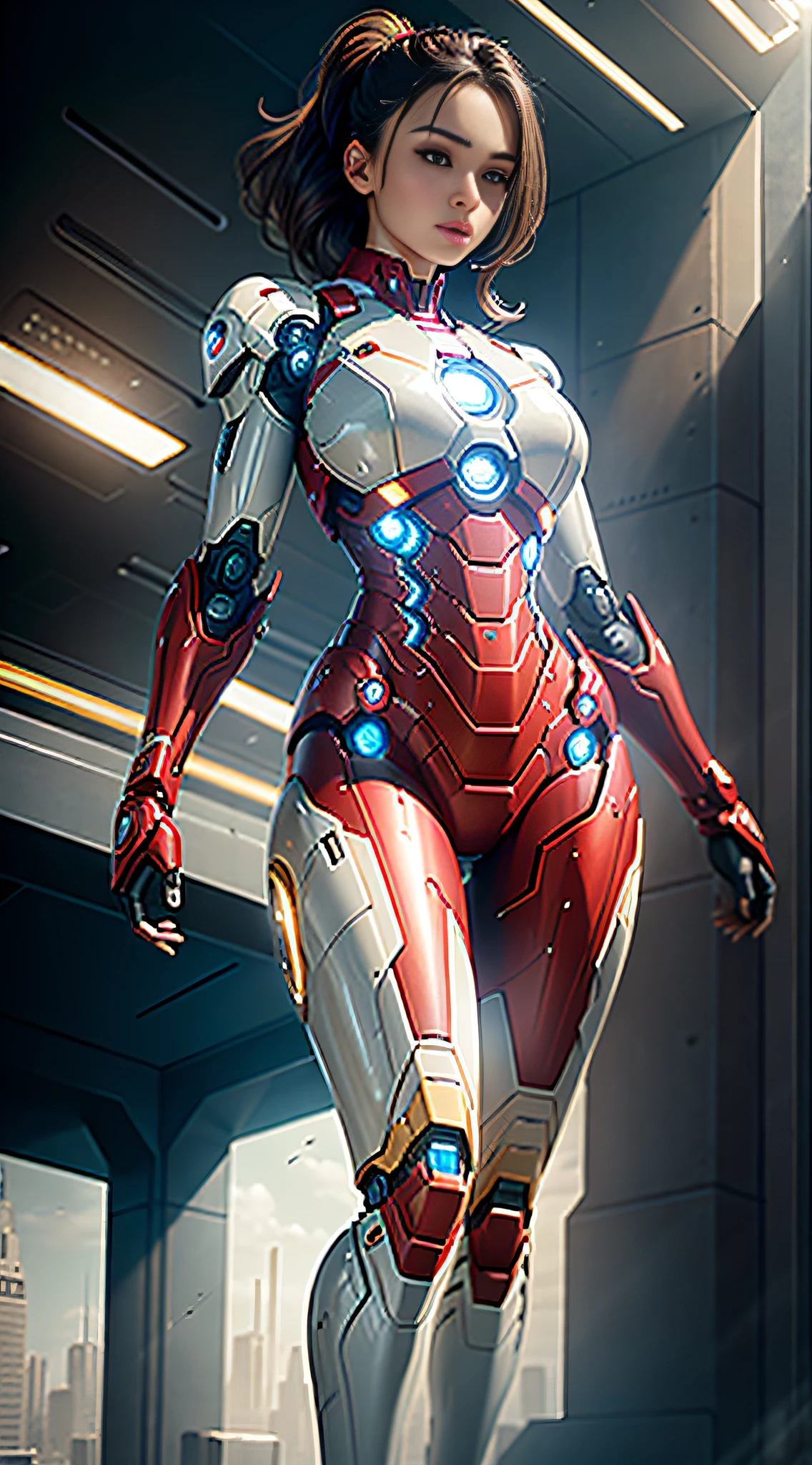 RAW, masterpiece, ultra thin photo, best quality, ultra high resolution, photorealistic, sunlight, full body portrait, incredibly beautiful, dynamic poses, delicate face, vibrant eyes, (side view), she is using a futuristic Iron Man engine, red and gold color scheme, highly detailed robot factory background, detailed face, detailed and complex busy background,  messy, gorgeous, milky white, highly detailed skin, realistic skin details, visible pores, sharp focus, volumetric mist, 8k uhd, dslr camera, high quality, film grain, light skin, photorealism, lomography, expanding metropolis in futuristic dystopia, view from below, translucent