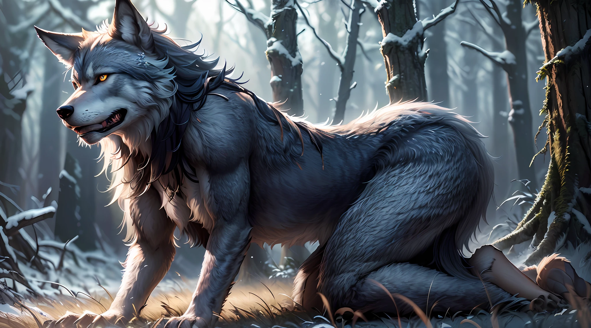 there is a wolf that is sitting in the grass in the woods, dramatic cinematic detailed fur, furry fantasy art, furry wolf, female anthropomorphic wolf, hyperrealistic fantasy art, realistic fantasy illustration, 4k fantasy art, best of artstation, best on cgsociety, very very beautiful furry art, an anthro wolf, trending on artstation hq