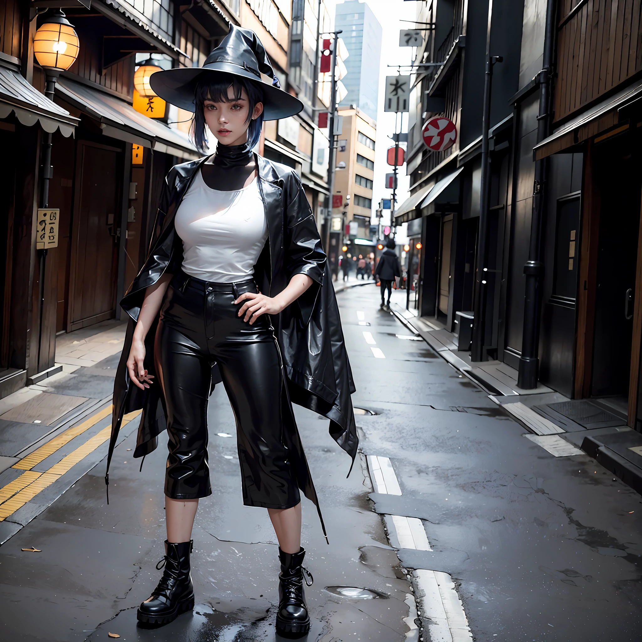 a witch, wearing witch clothes, walking the streets of tokyo, city setting, full body shot, photorealistic, (hi-top fade:1.3), full body shot, seductive close-up shot, sexy, tight wet clothes, long hair soothing tones, muted colors, high contrast, (natural skin texture, hyperrealism, soft light, sharp),