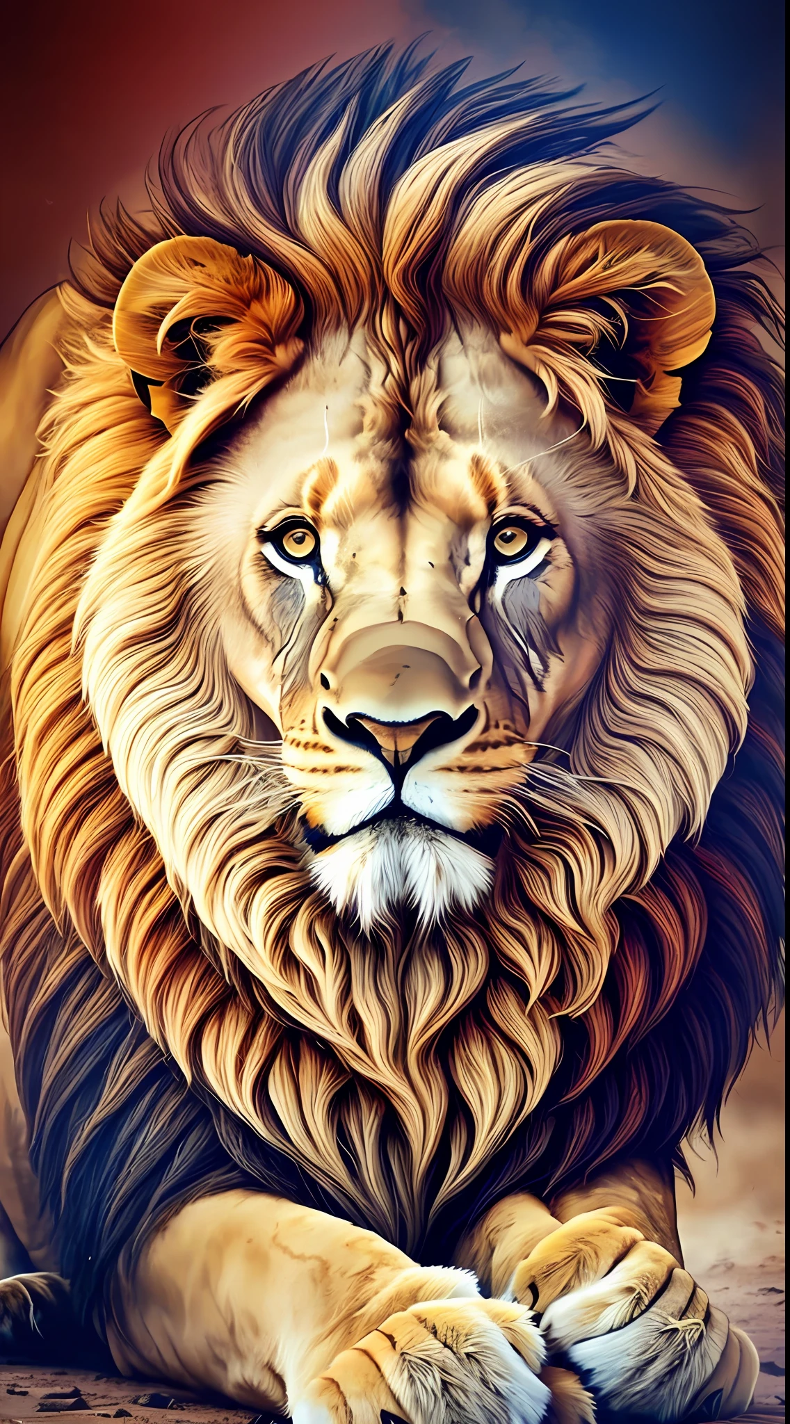 A lion in all its grandeur, with its majestic and powerful body prominent. The image is created through a mixture of fading paints, where colors blend subtly, creating a sense of movement and dynamism. The lion's imposing presence is intensified by the richness of detail and the piercing expression in its eyes --auto --s2