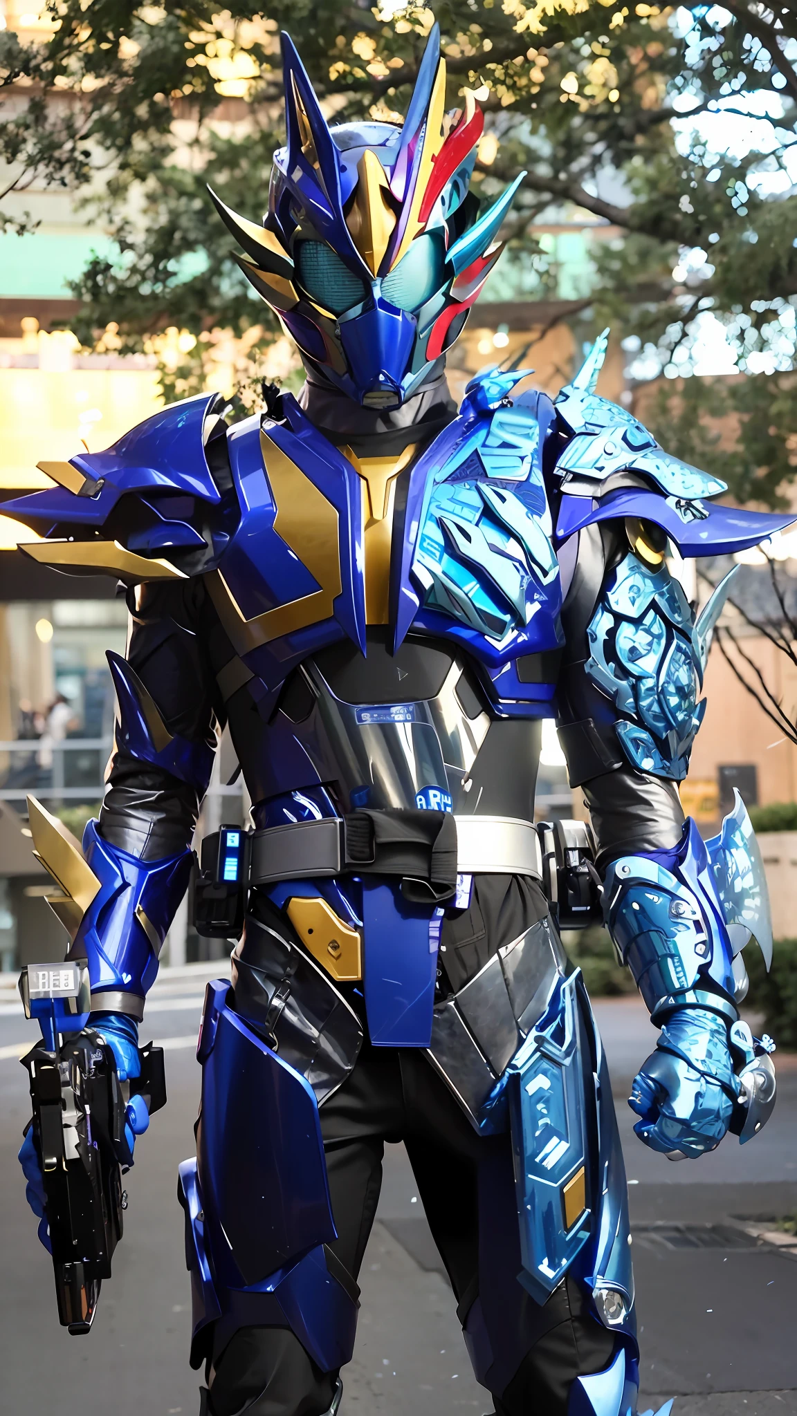 araffe dressed in blue and silver armor walking down a street, kamen rider character, high fantasy kamen rider, cyber japan style armor, kamen rider, tokusatsu, cyber japan samurai armor, cyber japan armor, blue armor, kamen rider ghost, dragon inspired blue armor, kamen rider action pose, cyber fight armor, guyver style, full samurai armor spiderman