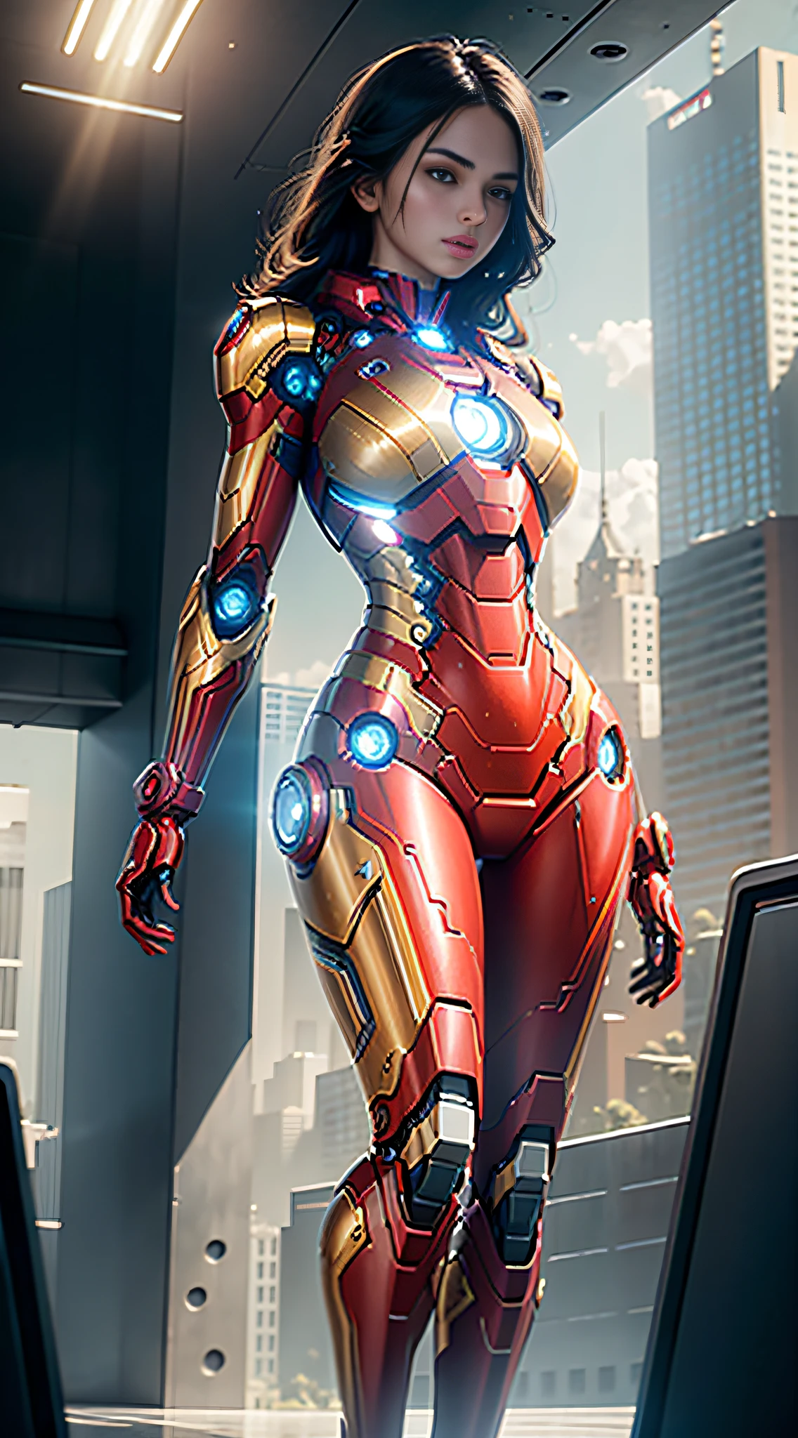 RAW, masterpiece, ultra thin photo, best quality, ultra high resolution, photorealistic, sunlight, full body portrait, incredibly beautiful, dynamic poses, delicate face, vibrant eyes, (side view), she is using a futuristic Iron Man engine, red and gold color scheme, highly detailed robot factory background, detailed face, detailed and complex busy background,  messy, gorgeous, milky white, highly detailed skin, realistic skin details, visible pores, sharp focus, volumetric mist, 8k uhd, dslr camera, high quality, film grain, light skin, photorealism, lomography, expanding metropolis in futuristic dystopia, view from below, translucent