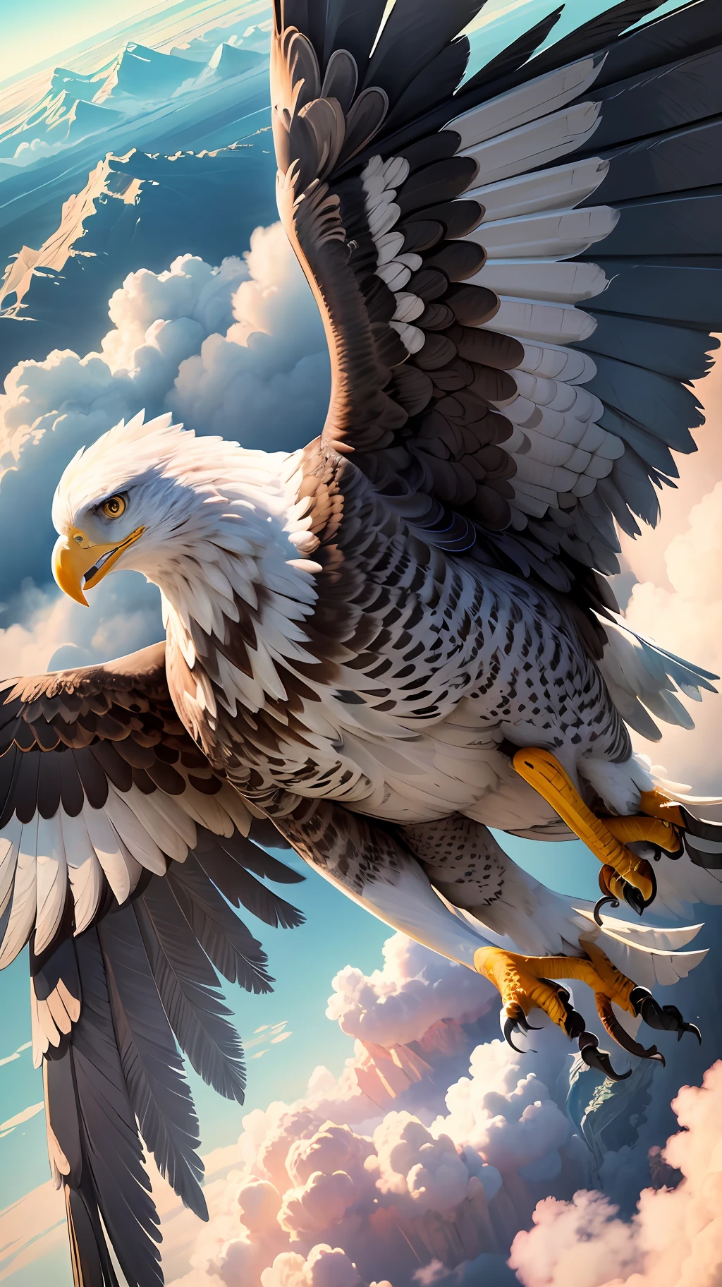 Create a realistic 8k image of an eagle flying high above the clouds, with the phrase, "In God, I find wings to fly above all limitations." --auto --s2