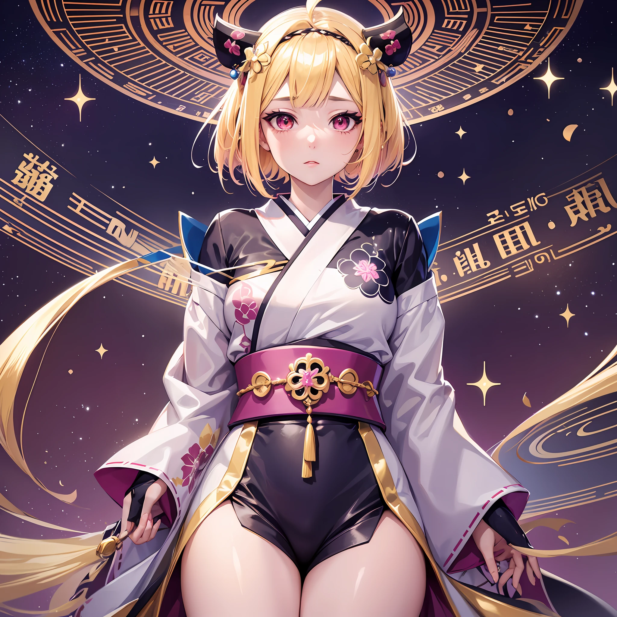 very beautiful cool shinto priest, anime, manga, illustration, fantasy, blonde glossy flowing layered long bob cut, french braid, sparkling glossy pink big eyes, slender, full body, background galaxy brilliant magic circle, give off rainbow and gold neon light many thin lines floor and ceiling, high resolution, best quality, very high image quality, ultra detailed, hyper realistic --auto --s2
