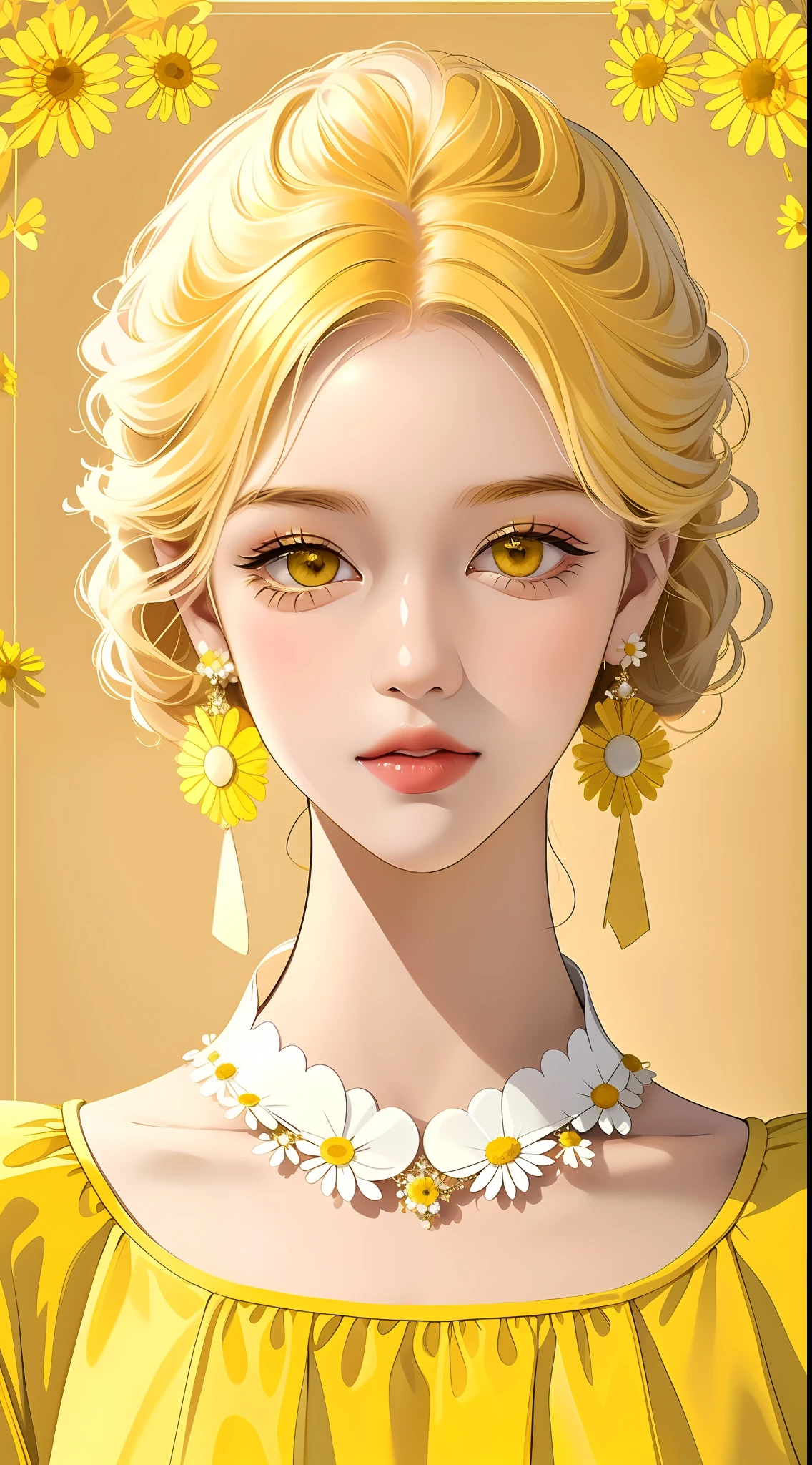 Highest quality, masterpiece, a girl, short yellow hair, slightly curly hair, yellow earrings, collar, (yellow and white clothing), (delicate hair portrayal), (delicate yellow eye portrayal), (delicate facial features), solo, (small daisies), portrait depiction, solid color background, brokenness