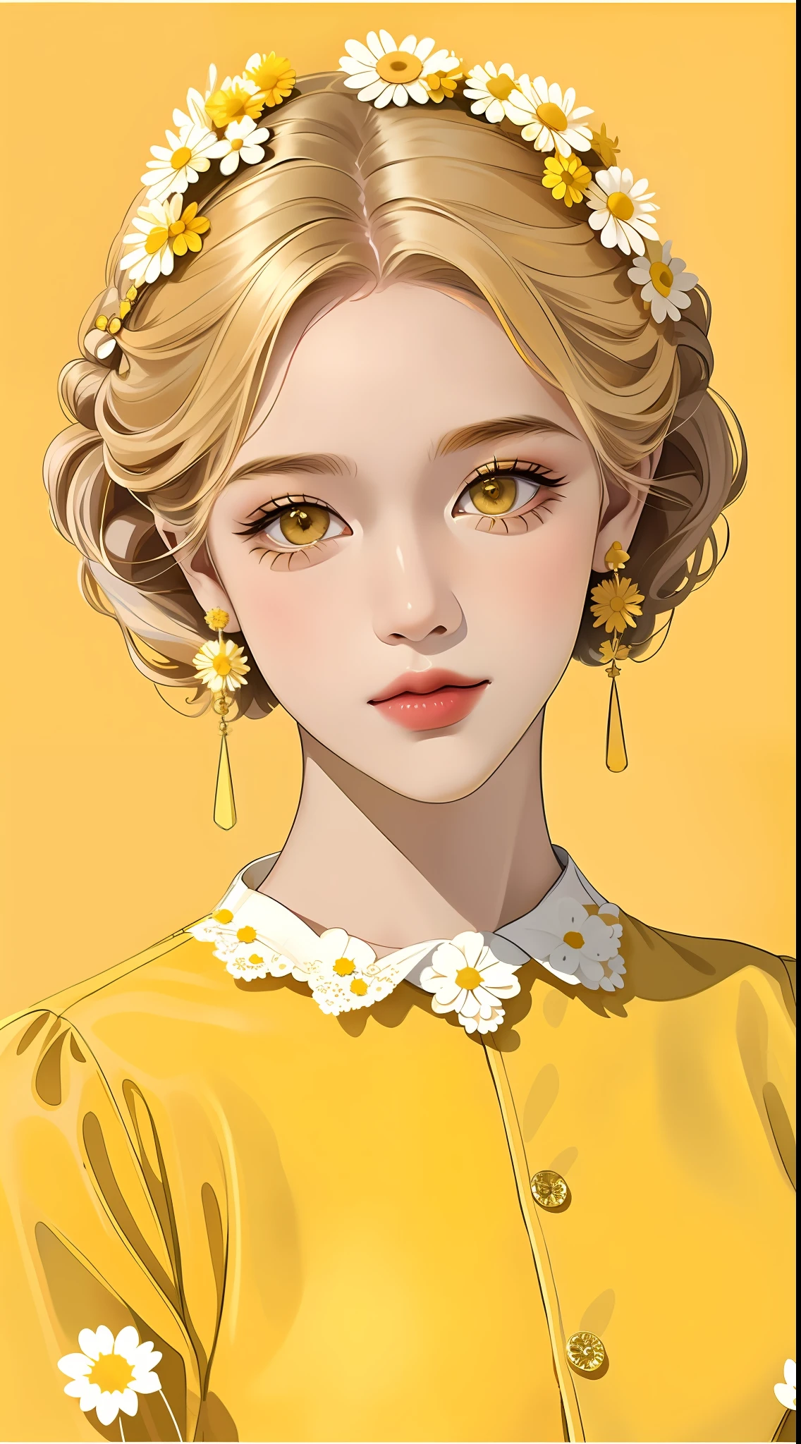 Highest quality, masterpiece, a girl, short yellow hair, slightly curly hair, yellow earrings, collar, (yellow and white clothing), (delicate hair portrayal), (delicate yellow eye portrayal), (delicate facial features), solo, (small daisies), portrait depiction, solid color background, brokenness