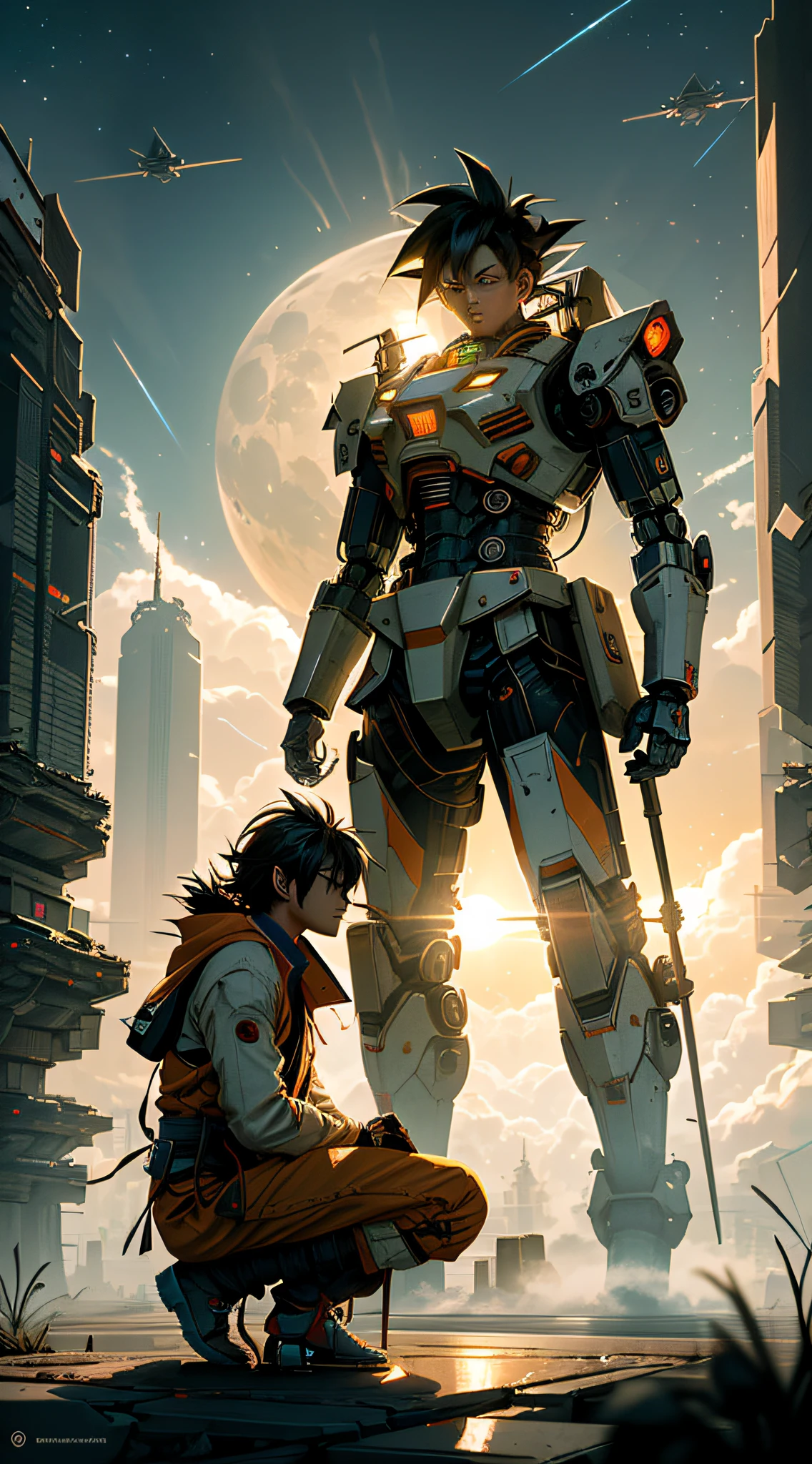 Goku em Bespin, a powerful warrior from another planet, trains in the floating city of Bespin above the clouds. The futuristic cityscape is stunning, with towering skyscrapers and bustling air traffic. Goku trains with an intense approach, surrounded by a calm and serene atmosphere that belies the frenetic energy of the city. The atmosphere is filled with a sense of anticipation, as if Goku is preparing for an impending battle. The lighting is dim, with a diffuse yellow hue casting long shadows on the ground, which increases the pensive mood #endl (On the moon, barren planets, ruins, holding_weapon, no_humans, bright, robot, building, glowing_eyes, orange mecha, science_fiction, city, realistic, mecha, Milky Way background, full body, neon, cyberpunk, )