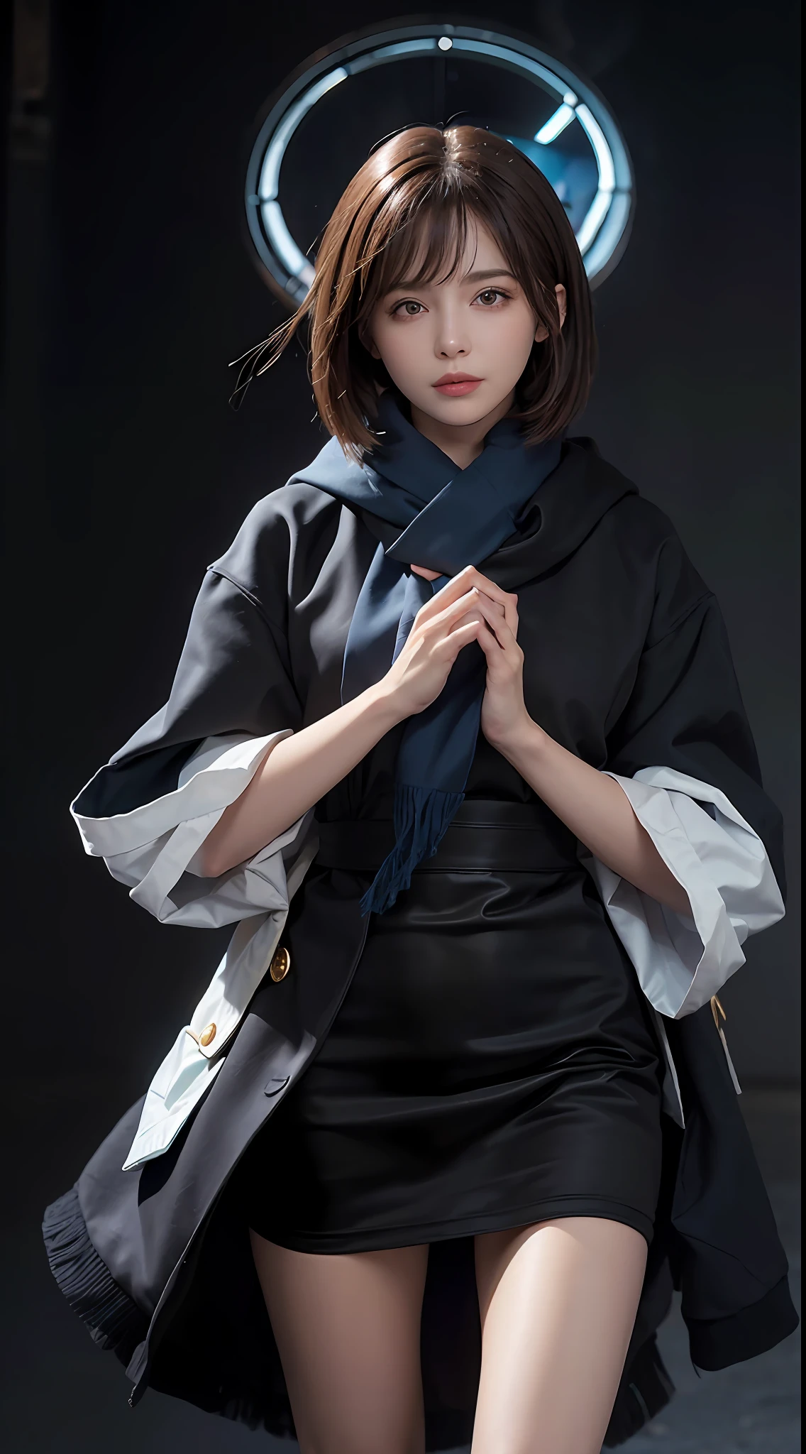 (Close-up: 1.4), (Original photo: 1.2), (Realistic: 1.4), (Masterpiece: 1.3), (Best quality: 1.4), Dreamy, (Detailed eyes), (Detailed facial features), (Detailed clothing features), Skin tightness, (Shiny skin), (Slim Girl), (Slim Girl), 1 Girl, (Full Body)), Solo, Cute, Simri, (Mid-chest), Bangs, Straight Hair, Short Hair, Brunette Hair, Black Eyes, Crystal Pendant, Long Blue Scarf, White Long Wool Coat, Black pantyhose, long neck, ears sticking out, golden ratio HD face, golden ratio HD body