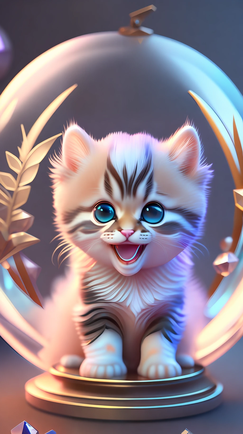 A cute kitten, made of a crystal ball, open mouth, laugh, Morandi color system, highly detailed complex concept art trend with low-poly eyes artstation 8k, laughing !!