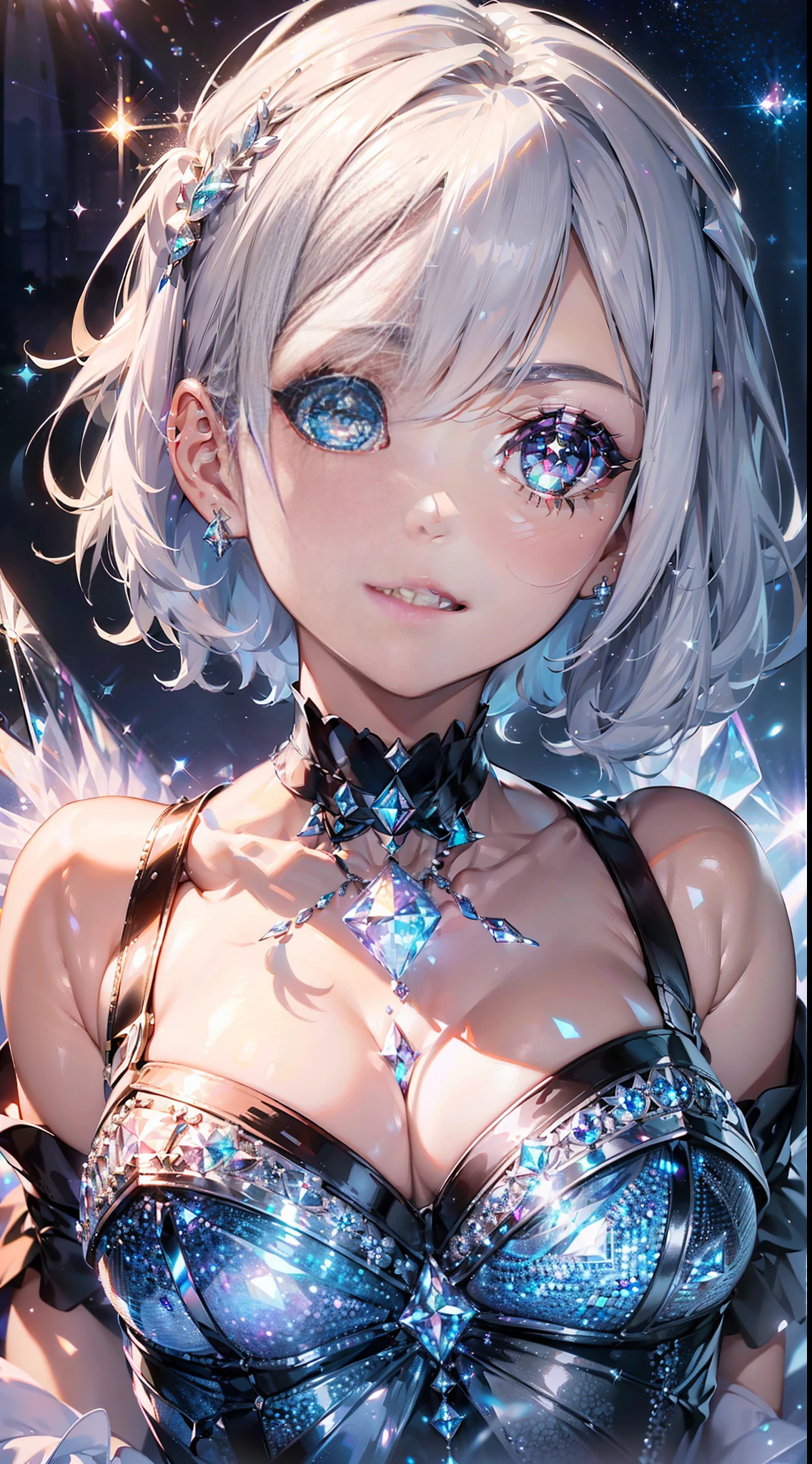 Diamond Gems
(((Masterpiece))). ((Super detail, top quality, high resolution, movie lighting, glitter, lens flare, light particles, glowing tones,))
Upper Body Light Smile
((silver-haired, short hair,), wearing a dress, ruffles
Eyeshadow, eyeliner, glowing eyes, beautiful eyes ((sparkling eyes))
18-year-old girl. Light, brilliance, glare, glare, glitter, reflection, prism, transparency. Thin material. (Diamond background)