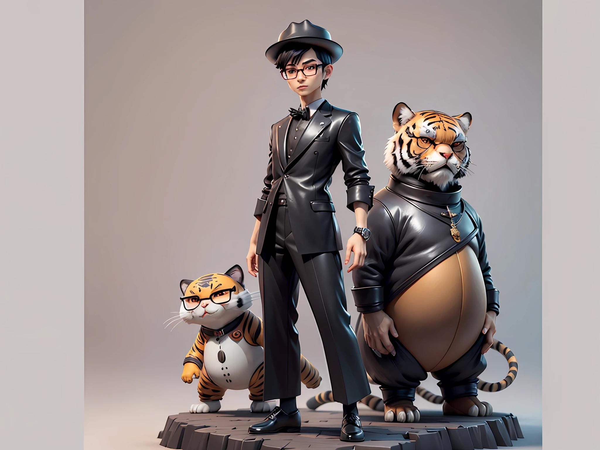 Young man with oriental face in leather hat, tiger, oriental face in formal suit, short black hair, silver glasses, digital painting, 3D character design by Mark Clairedon and Pixar and Hayao Miyazaki and Akira Toriyama, the illustration is a high-definition illustration in 4K resolution with very detailed facial features and cartoon-style visuals.