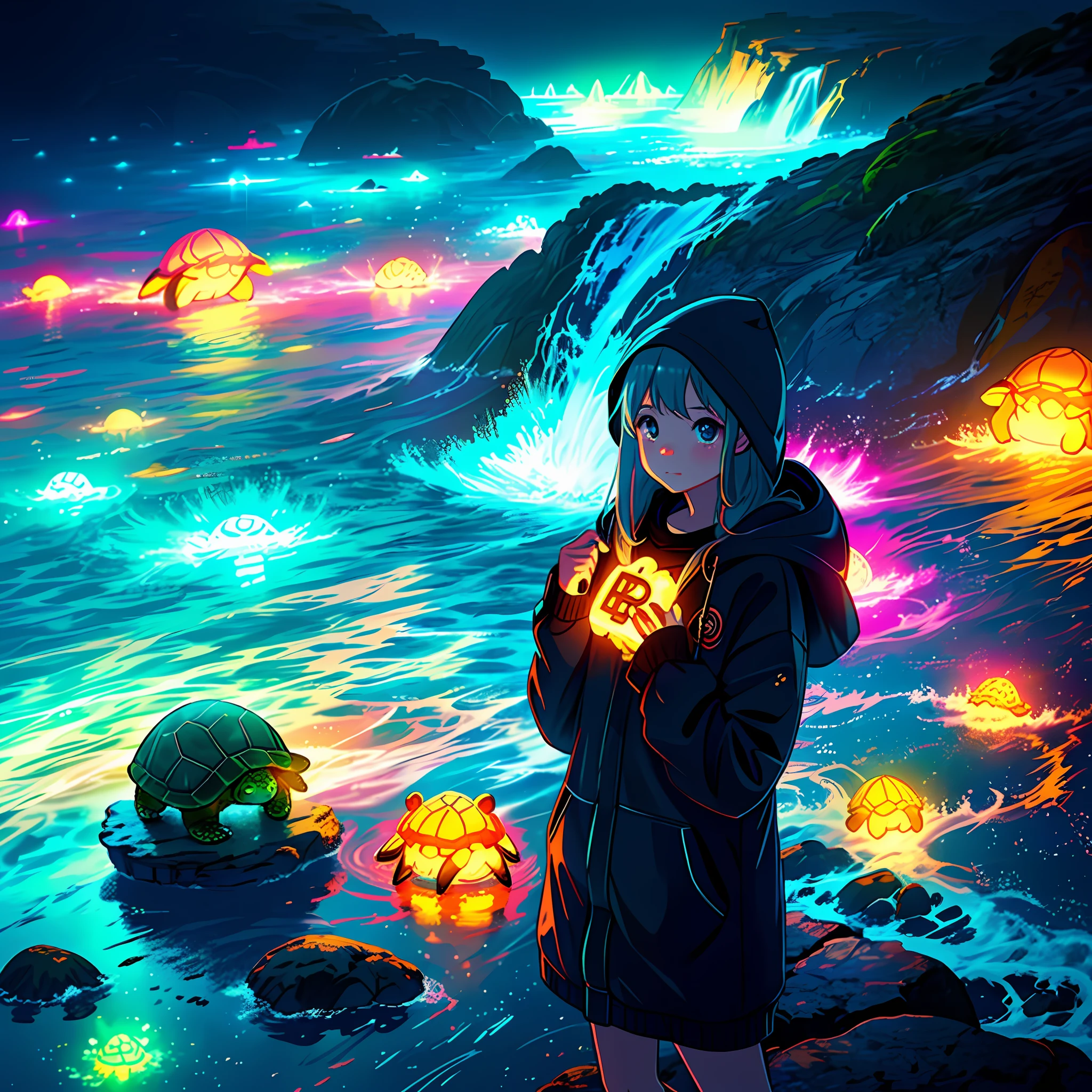 girl with glowing bitcoin cute turtle, fun, beach, rainy, night, ultra wide angle, polar background, waterfall, sunken clothes, dreamy glow, soft lighting