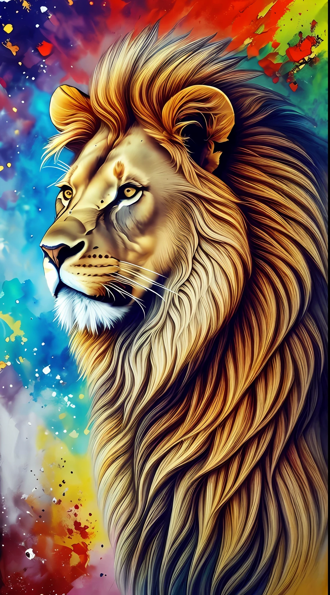 A lion in all its grandeur, with its majestic and powerful body prominent. The image is created through a mixture of fading paints, where colors blend subtly, creating a sense of movement and dynamism. The lion's imposing presence is intensified by the richness of detail and the piercing expression in its eyes --auto --s2