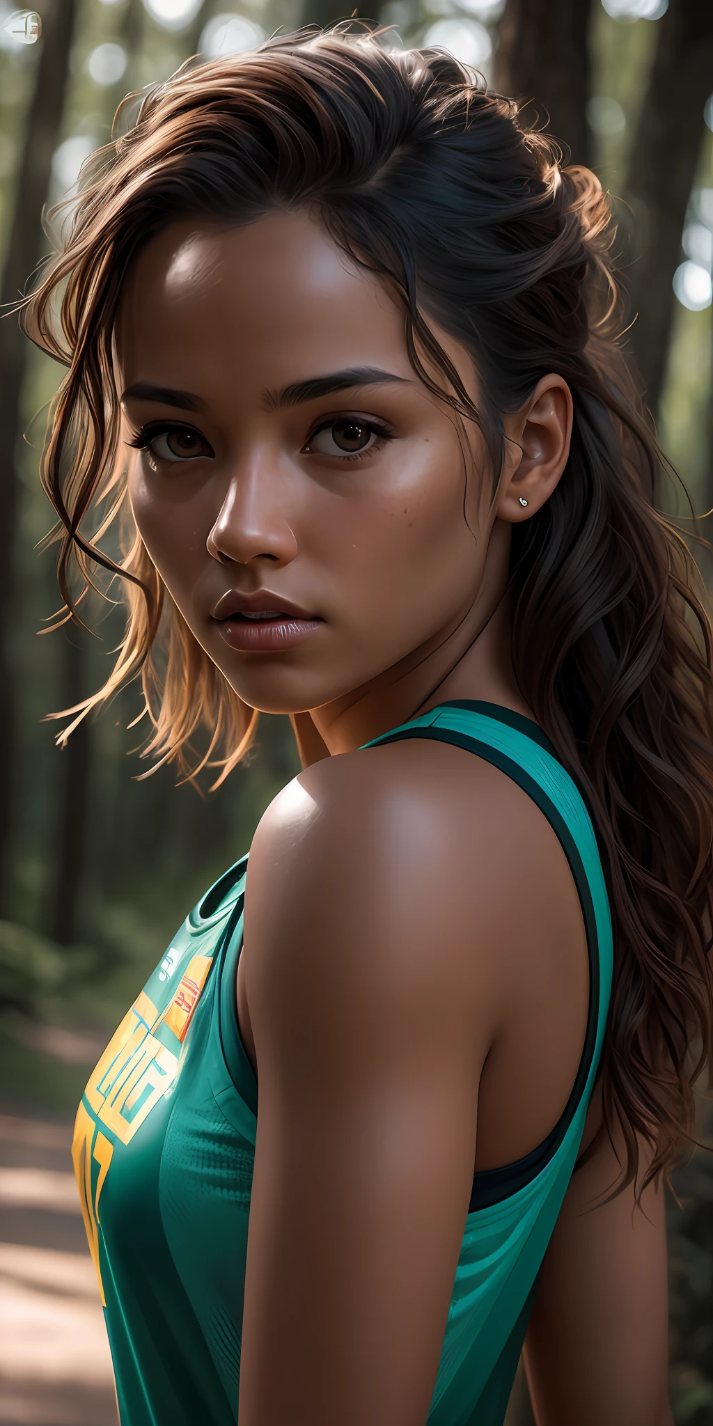 beautiful college girl, wearing basketball outfit, in the forest, ((slim, petite)), photorealistic, photo, masterpiece, realistic, realism, photorealism, high contrast, photorealistic digital art trending on Artstation 8k HD high definition detailed realistic, detailed, skin texture, hyper detailed, realistic skin texture, armature, best quality, ultra high res, (photorealistic:1.4),, high resolution, detailed, raw photo, sharp re, by lee jeffries nikon d850 film stock photograph 4 kodak portra 400 camera f1.6 lens rich colors hyper realistic lifelike texture dramatic lighting unrealengine trending on artstation cinestill 800,