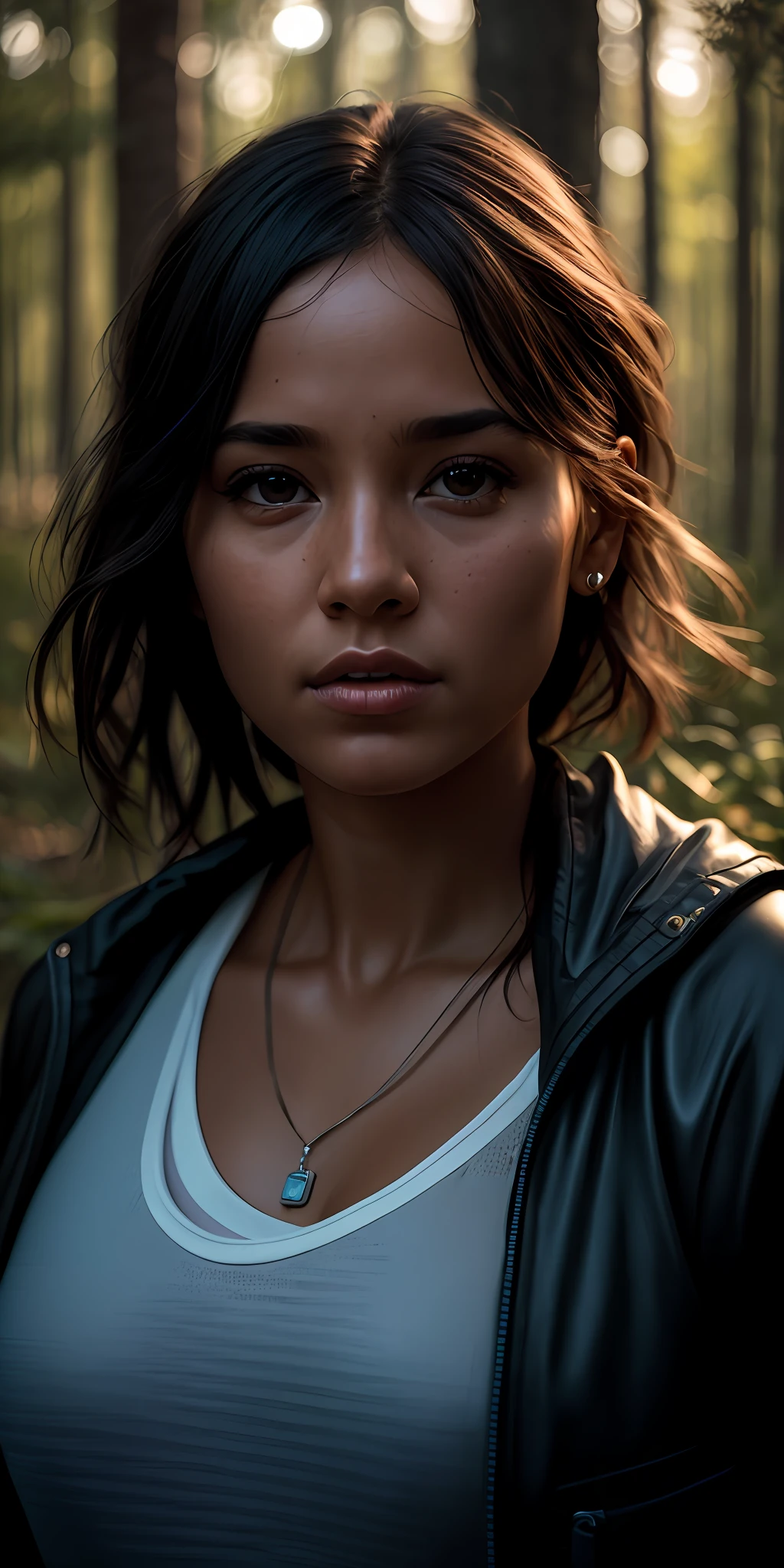 beautiful college girl, wearing basketball outfit, in the forest, ((slim, petite)), photorealistic, photo, masterpiece, realistic, realism, photorealism, high contrast, photorealistic digital art trending on Artstation 8k HD high definition detailed realistic, detailed, skin texture, hyper detailed, realistic skin texture, armature, best quality, ultra high res, (photorealistic:1.4),, high resolution, detailed, raw photo, sharp re, by lee jeffries nikon d850 film stock photograph 4 kodak portra 400 camera f1.6 lens rich colors hyper realistic lifelike texture dramatic lighting unrealengine trending on artstation cinestill 800,