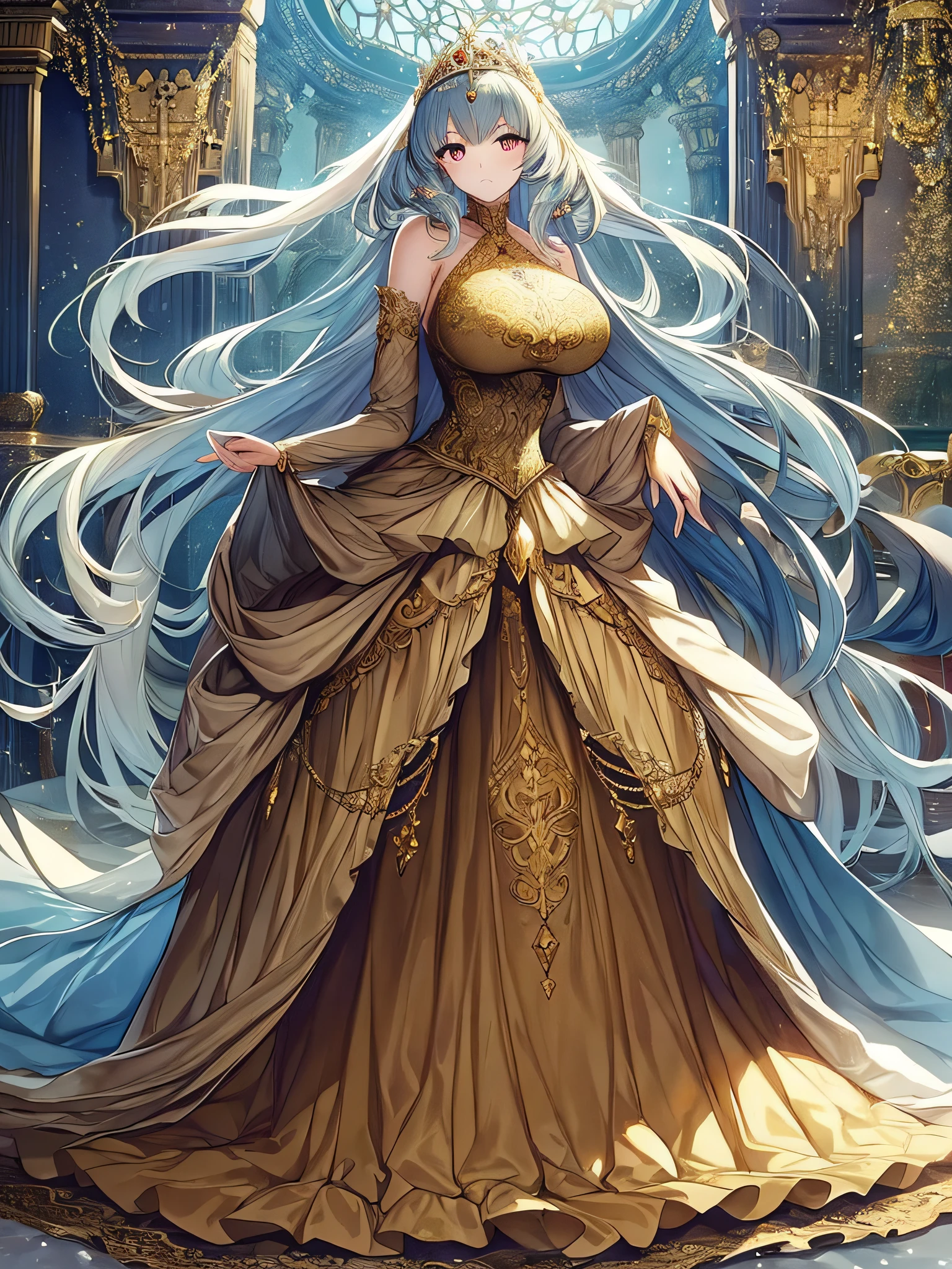 ((anime moe artstyle)),noble atmosphere,(Masterpiece), (Best Quality), (Super Detail),Illustration,(Very Delicate and Beautiful),Dynamic Angle,Looking at viewer,(((Solo))),((Full body)),(((1 gorgeous noble princess in ball gown with a voluminous skirt))),jewel-like eyes,(Very Long Hair),gorgeous embroidery and lace,See-through,ornate ruffles,(gigantic breasts,Long breasts),(gorgeous ball gown with a voluminous skirt),
