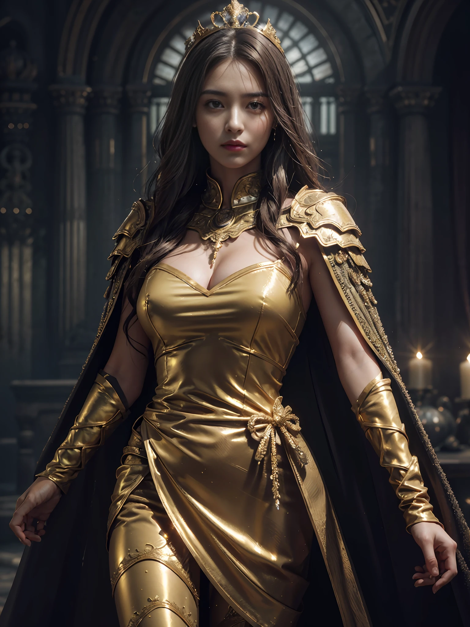 extremely beautiful girl, subtle makeup, silver hour, photorealistic, high contrast, 8k HD, detailed, hyper-detailed, realistic skin texture, long dark hair, big chest best quality, ultra high res, raw photo, dramatic lighting, unreal engine, intricate diffuse glow and golden tab, black cape, king's salon, standing