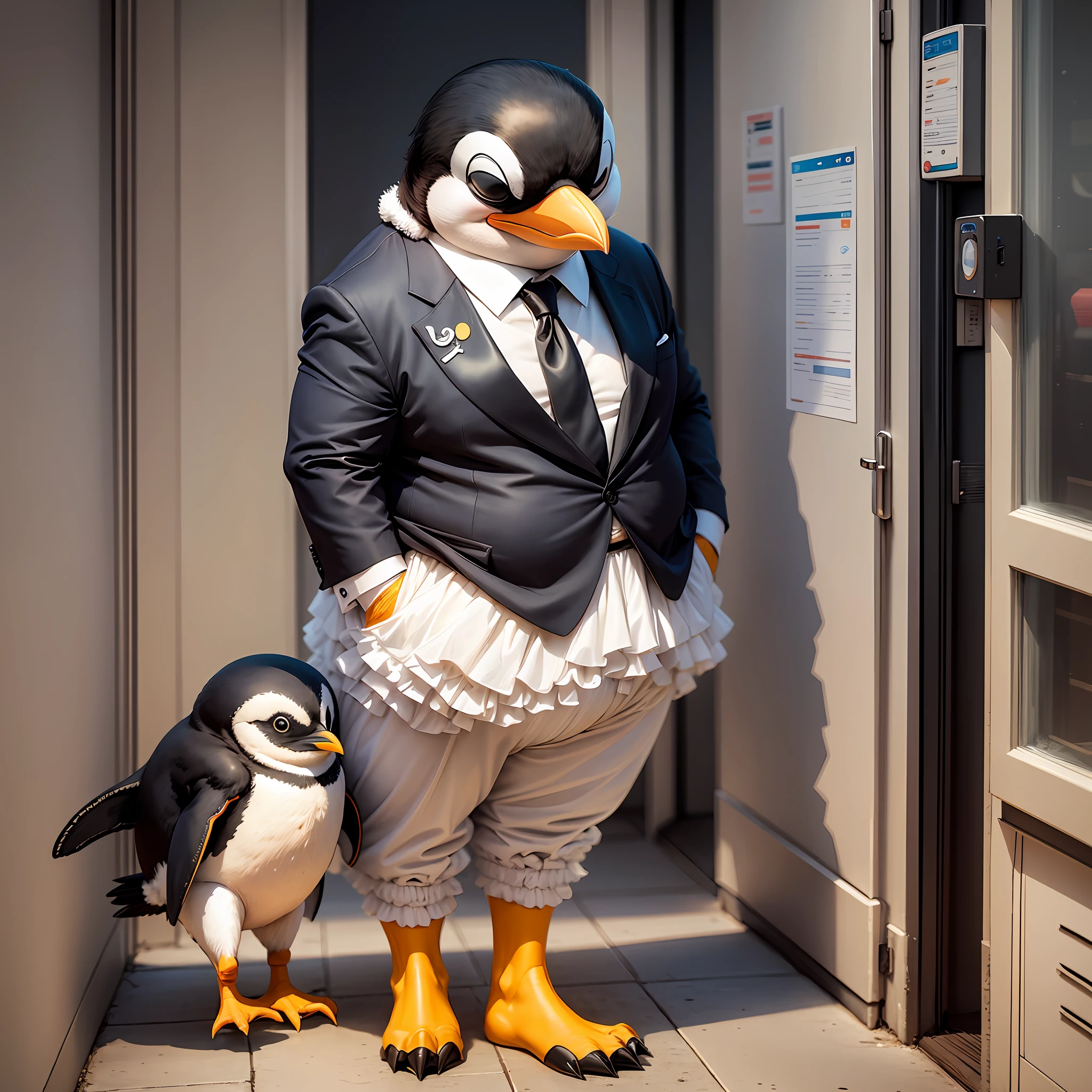 A man in his 50s with Tux, a penguin, the mascot of Linux. Uncle is bald and peaceful, wearing a white insanely extra ruffled skirt and fat --auto --s2