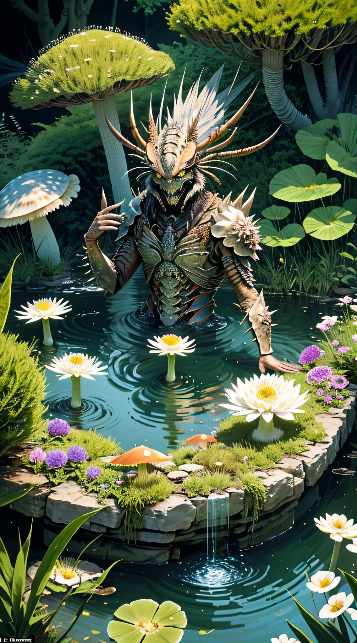 1humanoid), character focus, (a circular natural pond), (detailed flowers in foreground), mushrooms in the background, detailed, abusrdres, 8k, desert, , detailed eyes, angry expression, zerg, spiky hair, predator, purple skin, detailed eyes, detailed wings, dripping, green pustules, fungi, infection, (brain exposed), Crab: 1.4)