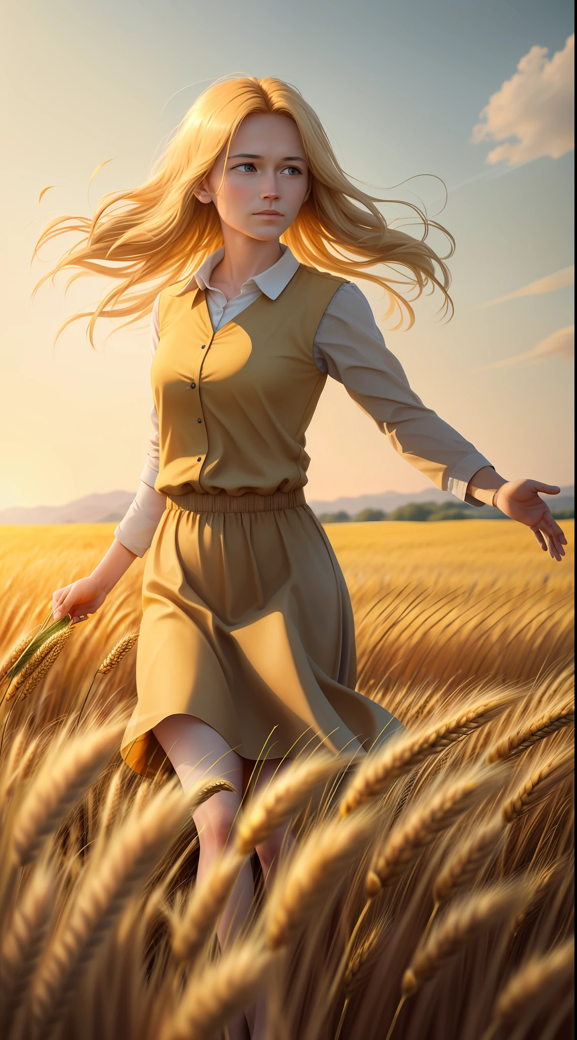 Produce a realistic 8k image of a golden wheat field gently swaying in the wind, with the phrase, "With faith, I reap the victories I have planted