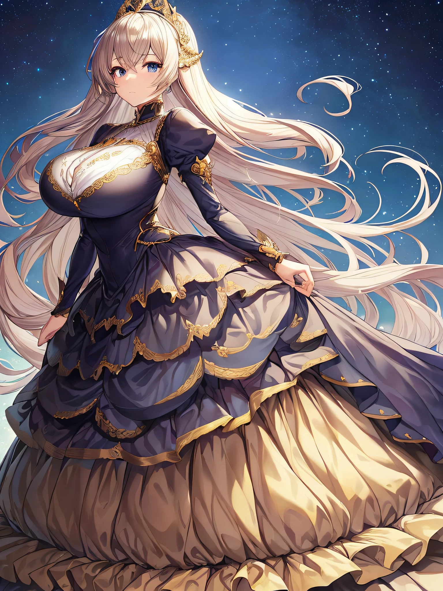 ((anime moe artstyle)),((ゲームCG)),noble atmosphere,(Masterpiece), (Best Quality), (Super Detail),Illustration,(Very Delicate and Beautiful),Dynamic Angle,Looking at viewer,(((Solo))),((Full body)),(((1 gorgeous noble princess in ball gown with a voluminous skirt))),jewel-like eyes,(Very Long Hair),gorgeous embroidery and lace,See-through,ornate ruffles,(gigantic breasts,Long breasts),(gorgeous ball gown with a voluminous skirt),