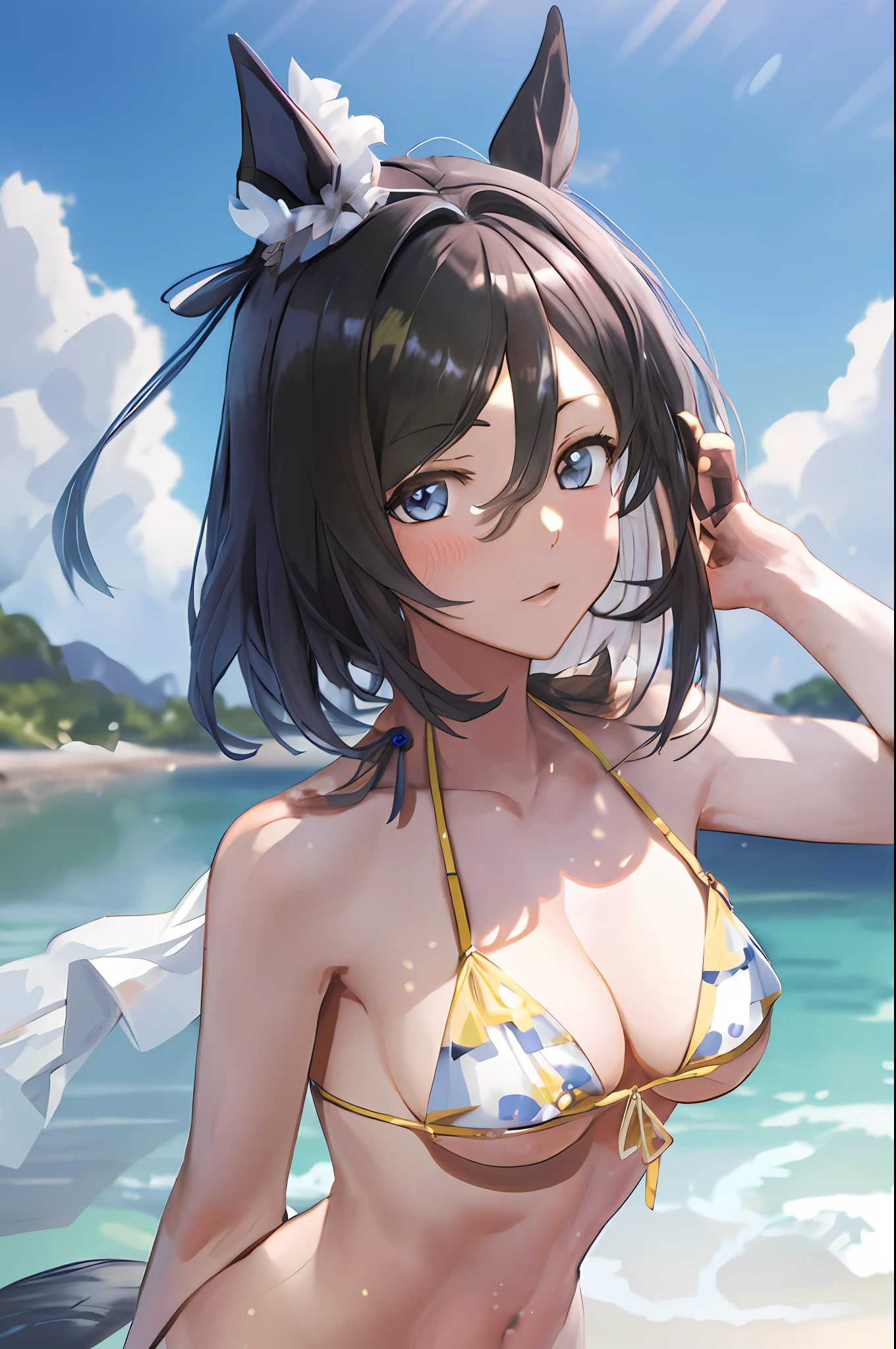 anime girl in a bikini posing on the beach with a cat ears, guweiz, detailed digital anime art, extremely detailed artgerm, rin, guweiz on pixiv artstation, artwork in the style of guweiz, smooth anime cg art, guweiz on artstation pixiv, makoto shinkai and artgerm
