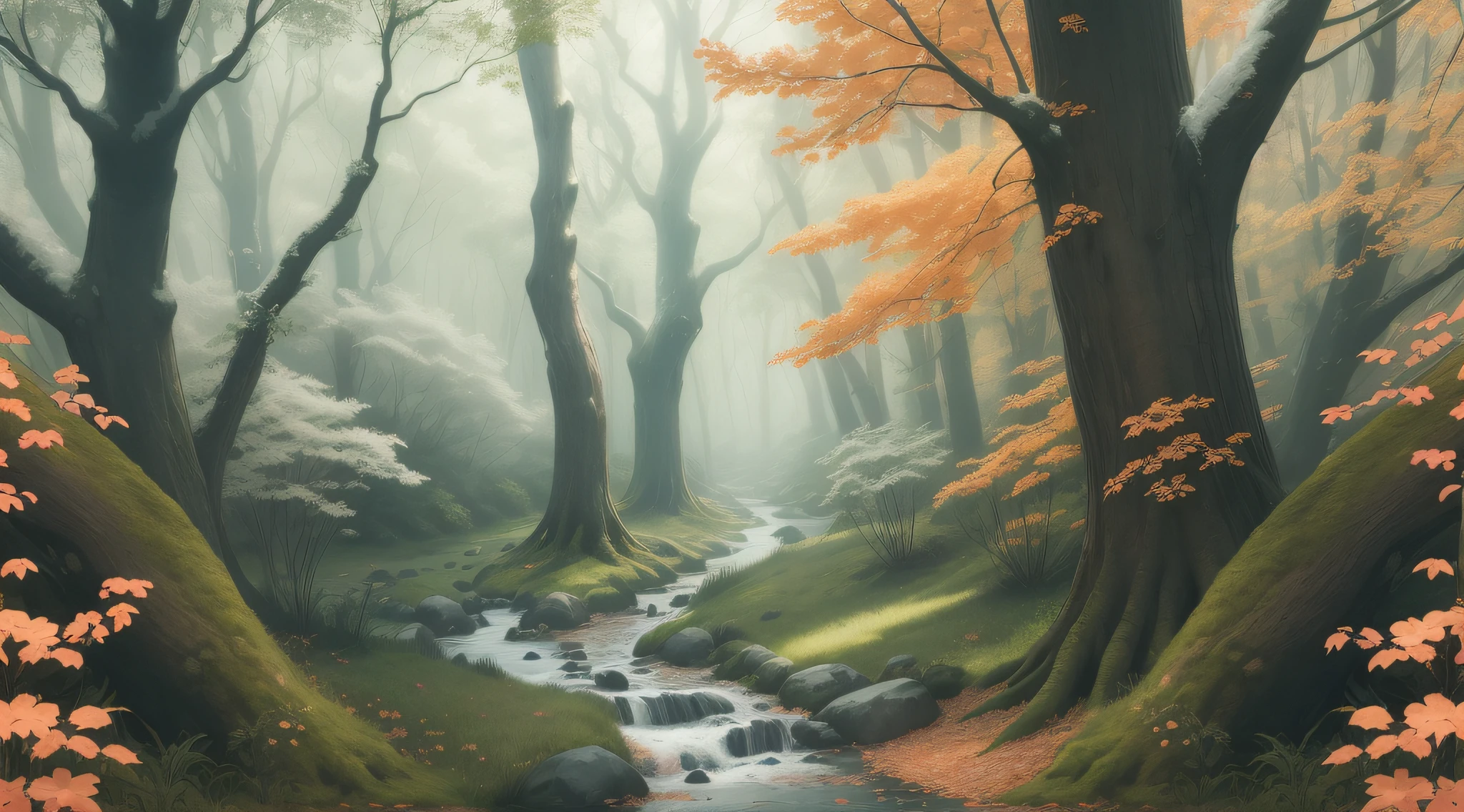 Create a captivating wallpaper inspired by the enchantment of nature's seasons. Imagine a serene forest scene with trees adorned in vibrant hues, representing the transition from one season to another. Start with the rich, warm colors of autumn leaves gently falling from the trees. Let the wallpaper evolve, showing a gradual transformation into a snowy winter wonderland, with delicate snowflakes floating gracefully from the sky. As spring arrives, introduce blooming flowers, vibrant greens, and playful animals awakening from their slumber. Finally, capture the essence of a sunny summer day, with lush greenery, clear blue skies, and butterflies dancing among the flowers. Use soft, blended color palettes that seamlessly merge from one season to the next, reflecting the natural flow of time. Pay attention to intricate details like the delicate frost on winter branches, the dewdrops on spring petals, or the dappled sunlight filtering through the leaves in summer. Let the wallpaper evoke a sense of nostalgia, reminding viewers of the beauty and cyclical nature of the world around us. Whether in a cozy living room or a bustling office, this wallpaper will bring a touch of the ever-changing natural world into any space, creating a serene and captivating atmosphere.