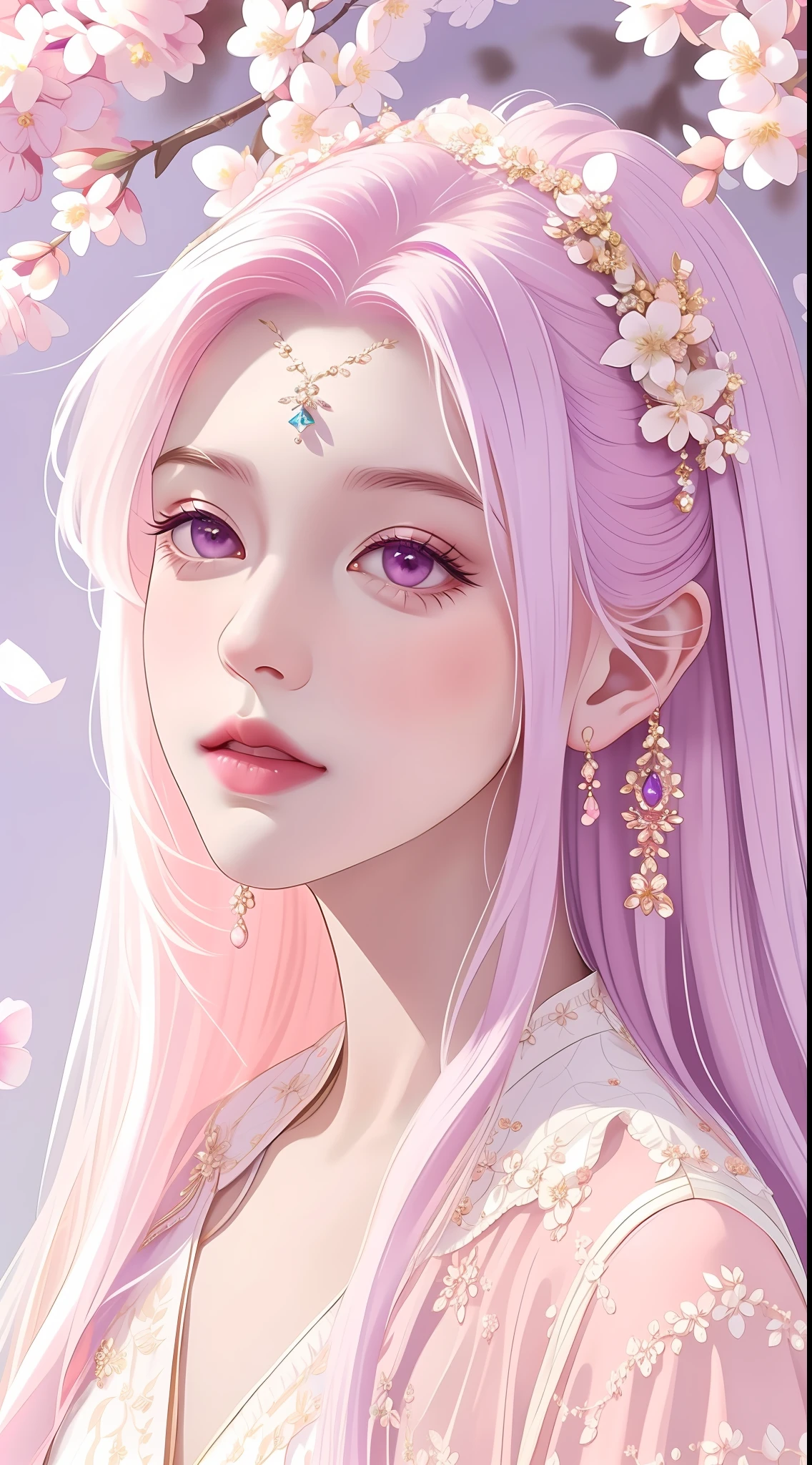 The highest quality, masterpiece, exquisite CG, white hair antique girl, delicate and complex hair accessories, wearing exquisite and gorgeous pink and purple costumes, highlight, withering peach blossom petals, absolutely beautiful, charming, perfect, ultra-clear, 16k, HD