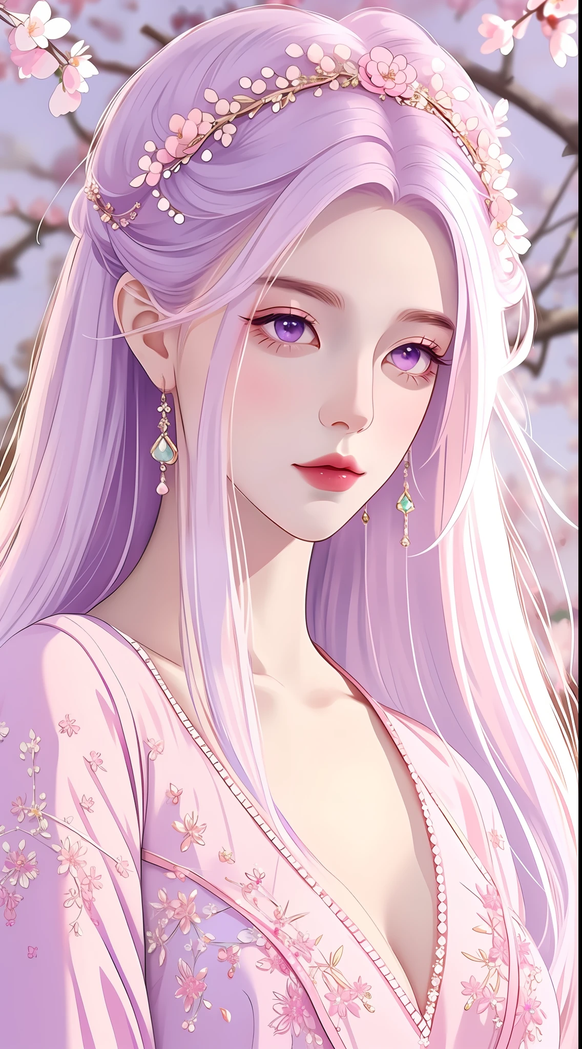 The highest quality, masterpiece, exquisite CG, white hair antique girl, delicate and complex hair accessories, wearing exquisite and gorgeous pink and purple costumes, highlight, withering peach blossom petals, absolutely beautiful, charming, perfect, ultra-clear, 16k, HD